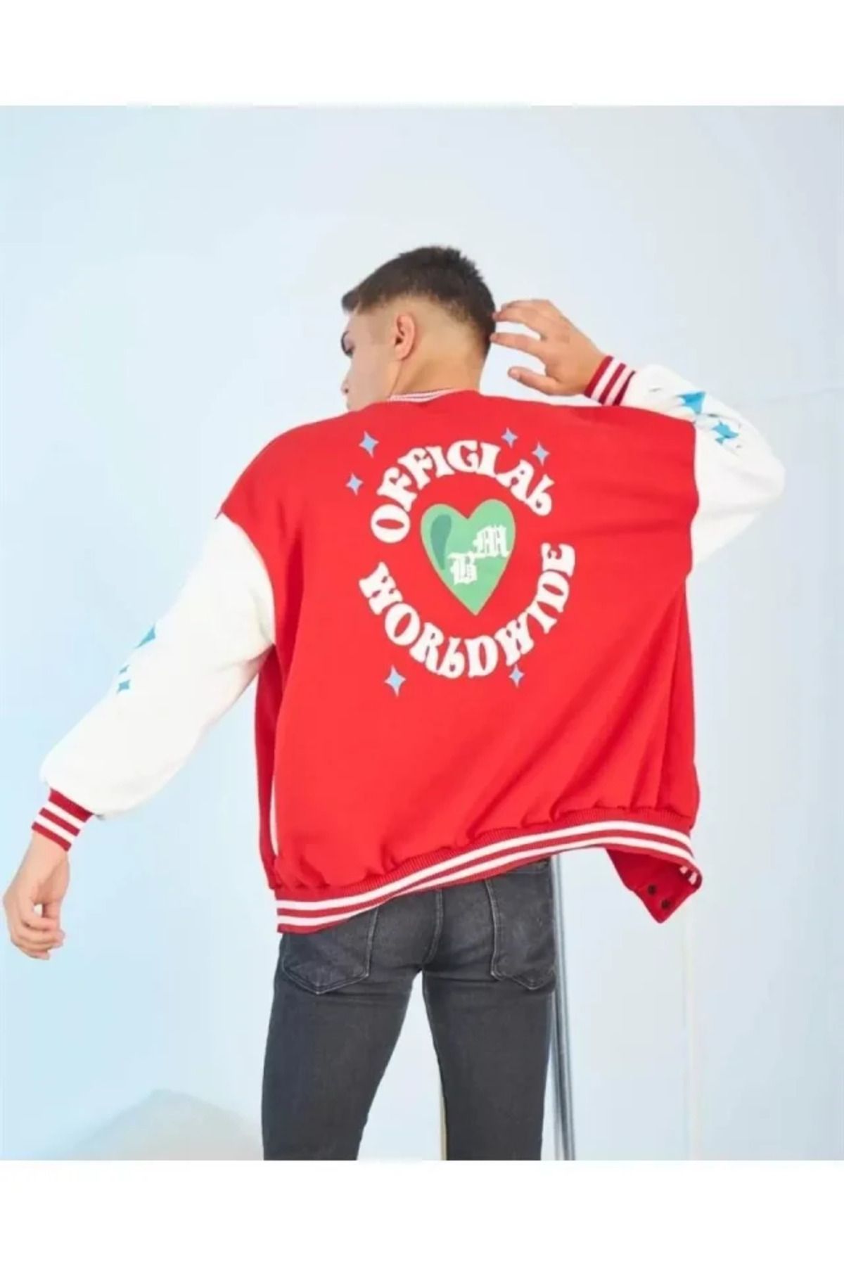 fh fashionhere-Men's Oversize College Jacket with Star Back Printed Sleeves - Red 3