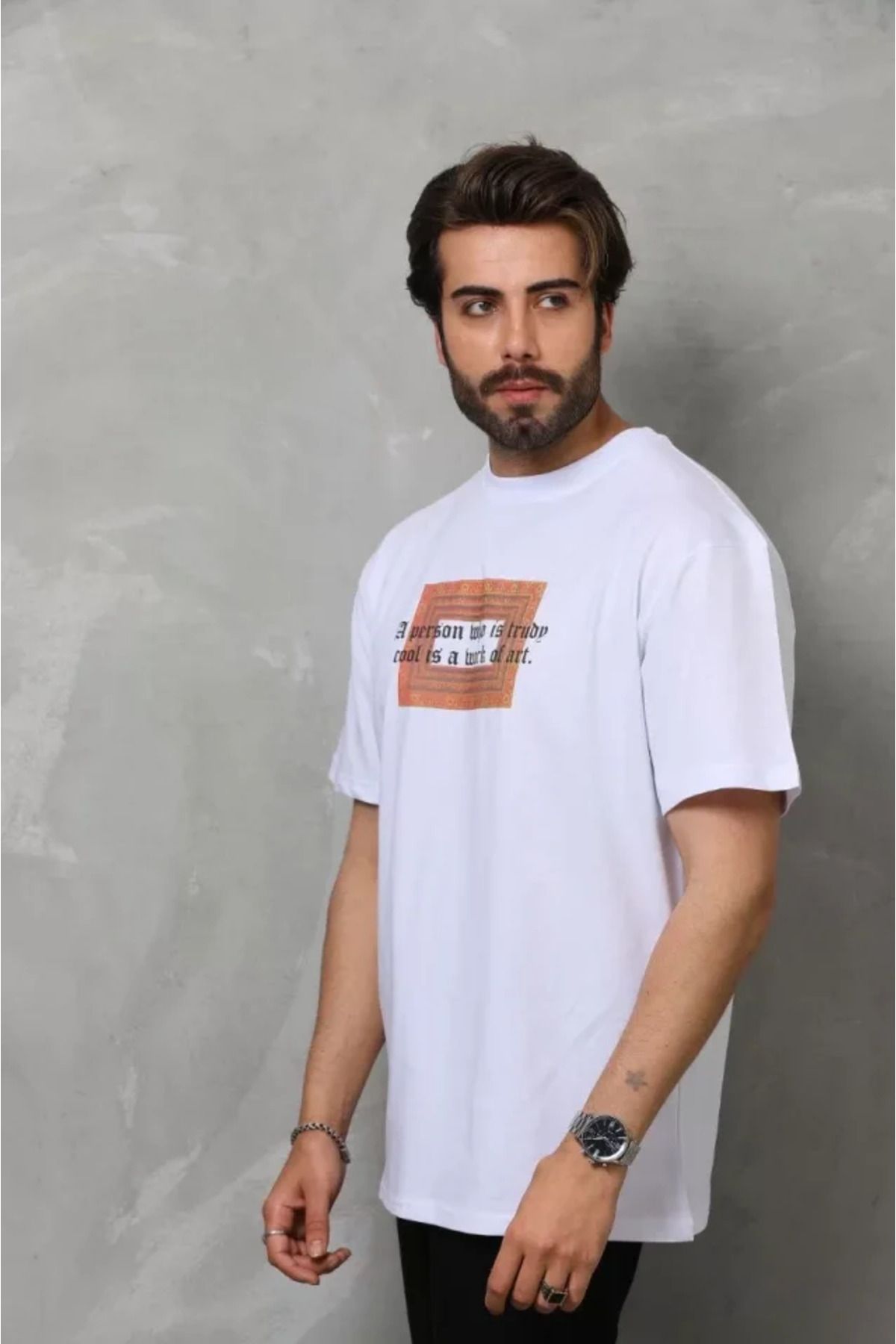 HobiDünyasıElif Unisex Bisiklet Yaka Baskılı Oversize T-Shirt - Beyaz