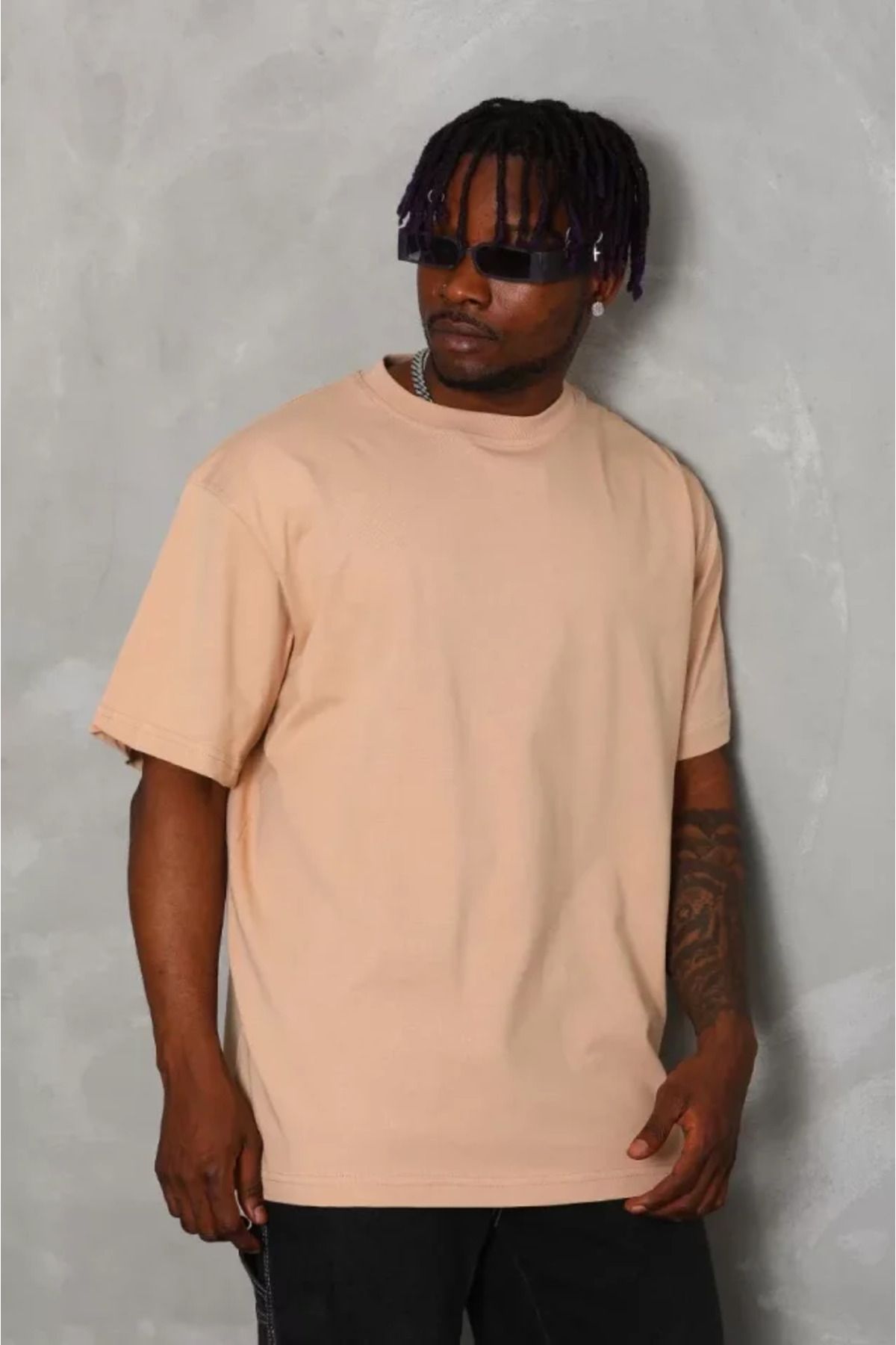 JANES-Beige Unisex Oversize Crew Neck T-Shirt 3