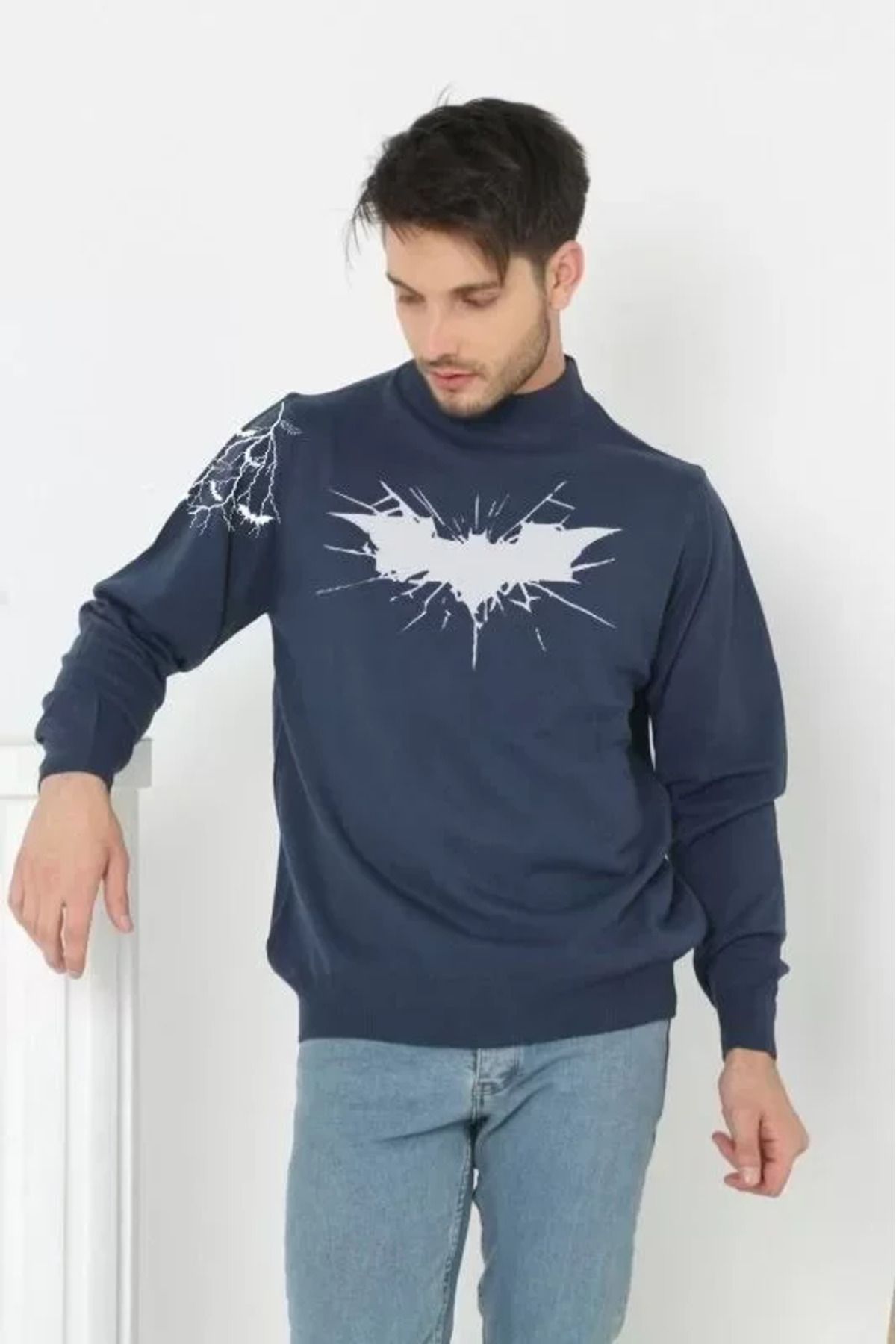 FeGe Store Unisex Yarım Boğazlı Baskılı Dokuma Triko -Indigo