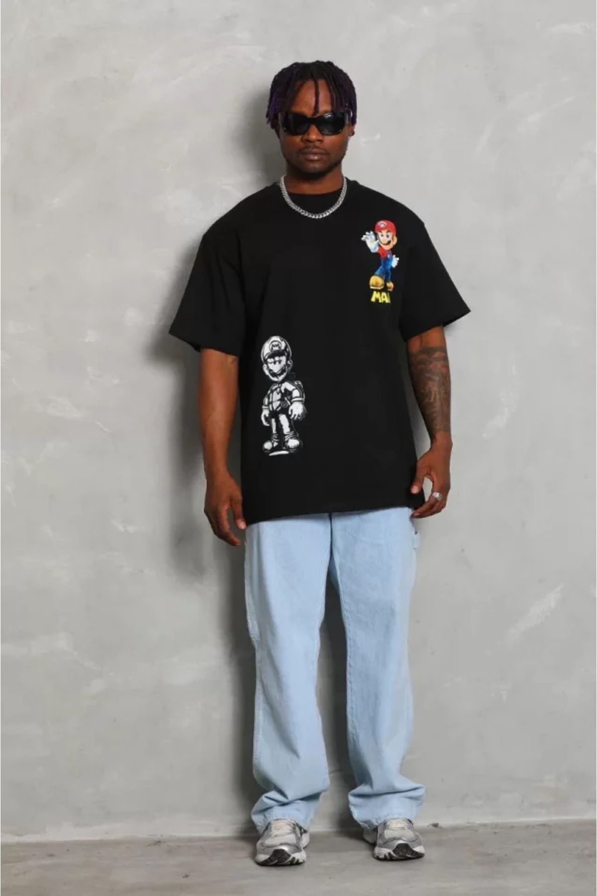 Melenza Unisex Oversize Baskılı Bisiklet Yaka T-Shirt - Siyah