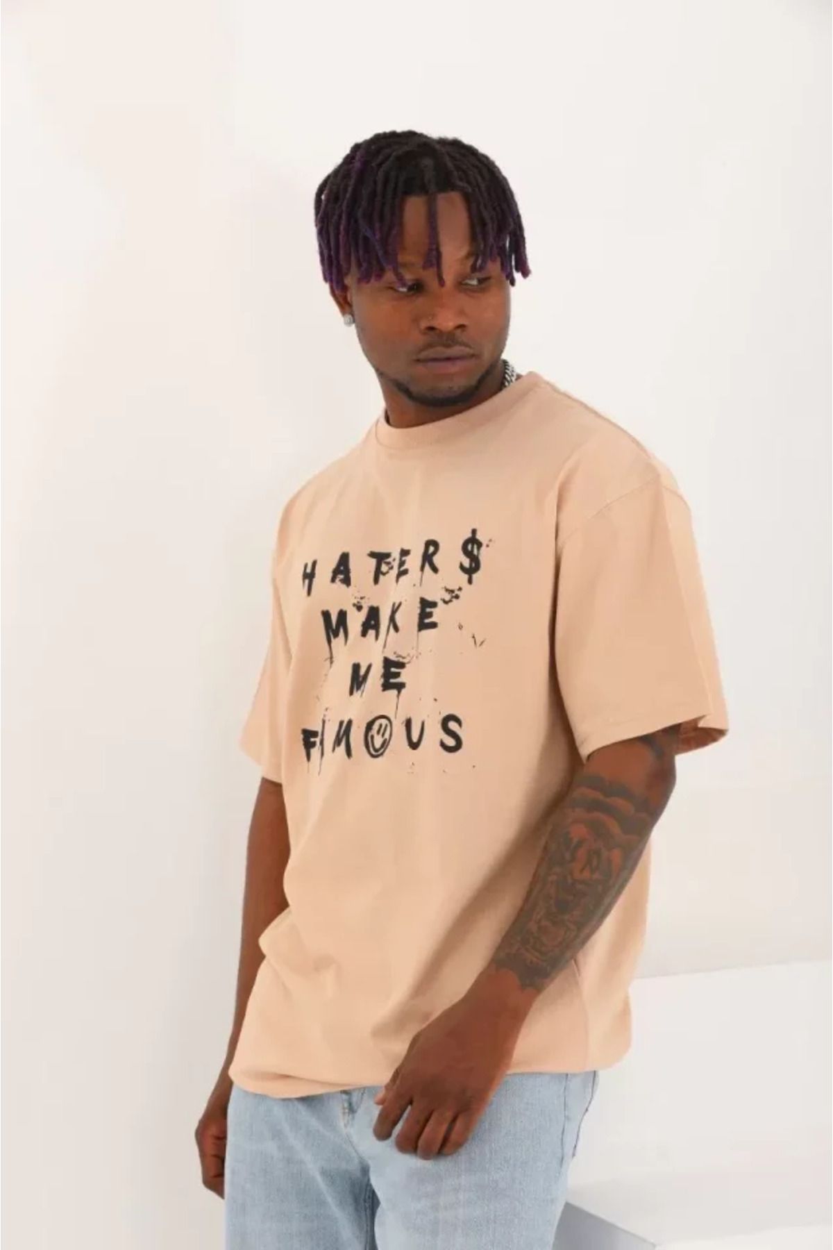 MRA Fashion Unisex Oversize Baskılı Bisiklet Yaka T-Shirt - Bej