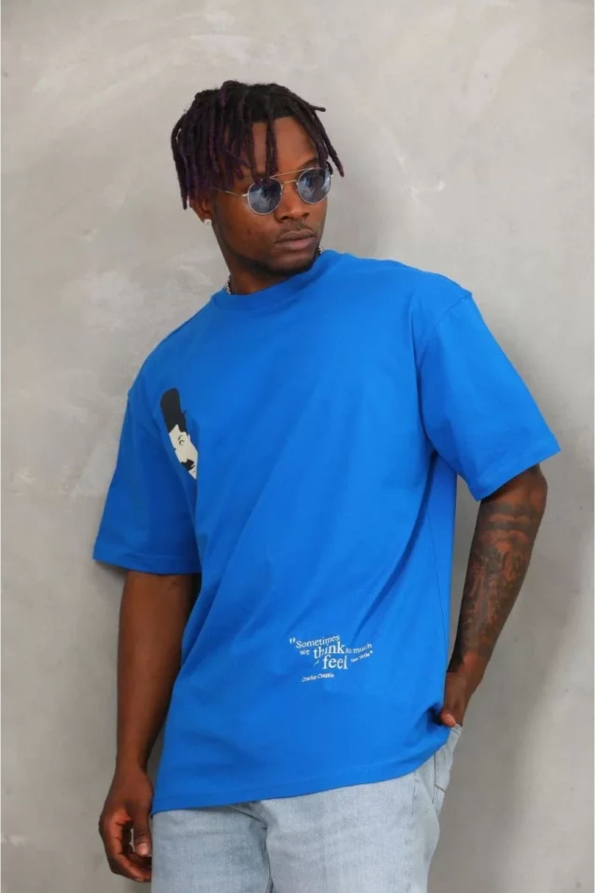 MRA Fashion Unisex Oversize Baskılı Bisiklet Yaka T-Shirt - Mavi