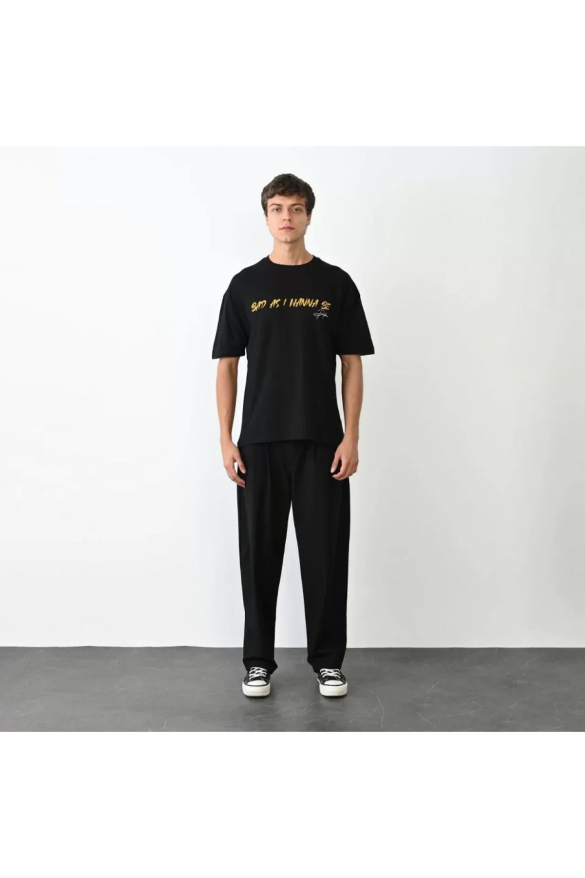 AhEs Shopping Unisex Bisiklet Yaka Baskılı Oversize T-Shirt - Siyah
