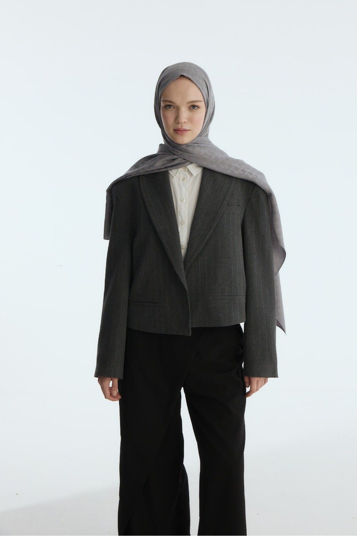 MİRSOY SCARF-Silky Jacquard Shawl Mira Pattern-Dark Grey 2