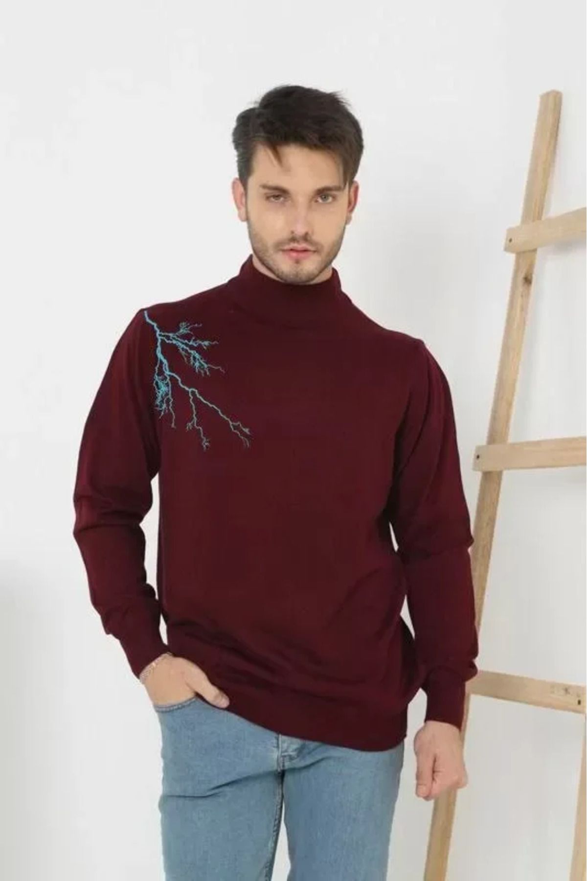 byrodyna Unisex Yarım Boğazlı Baskılı Dokuma Triko - Bordo