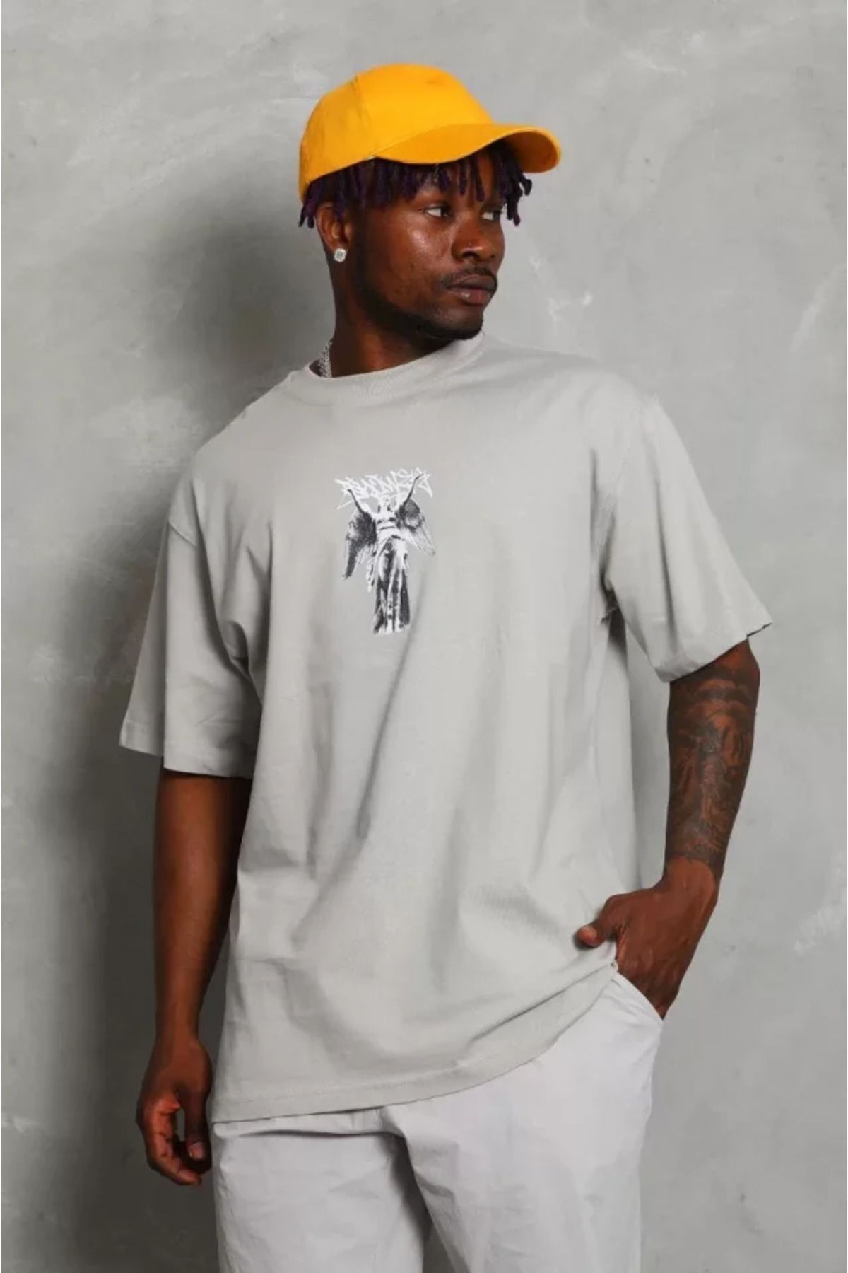 Asap Unisex Oversize Baskılı Bisiklet Yaka T-Shirt - Gri