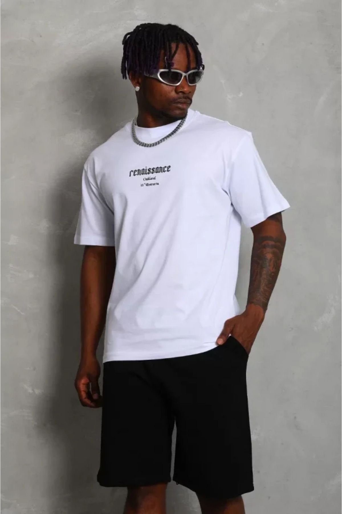 meisa Unisex Oversize Baskılı Bisiklet Yaka T-Shirt - Beyaz