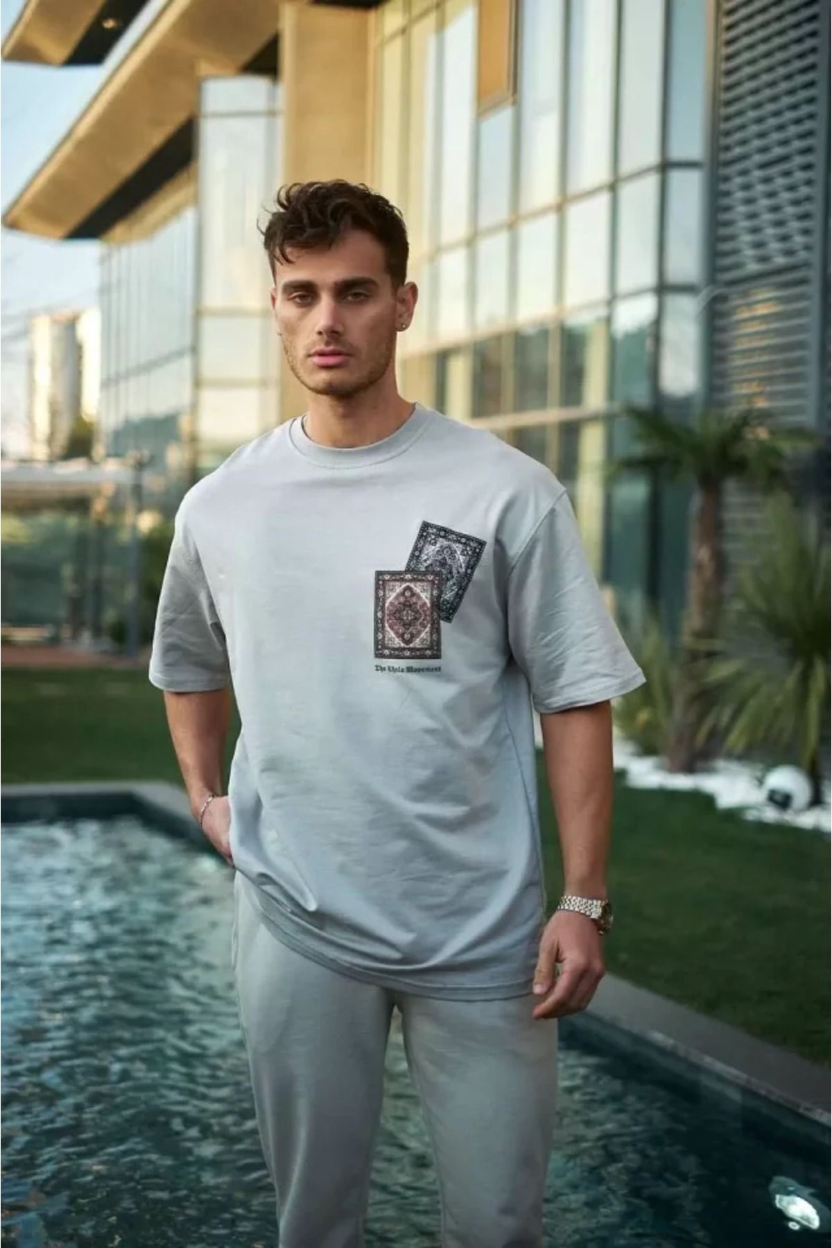 Perfica PERFİCA Unisex Bisiklet Yaka Baskılı Oversize T-Shirt - Boyalı Gri