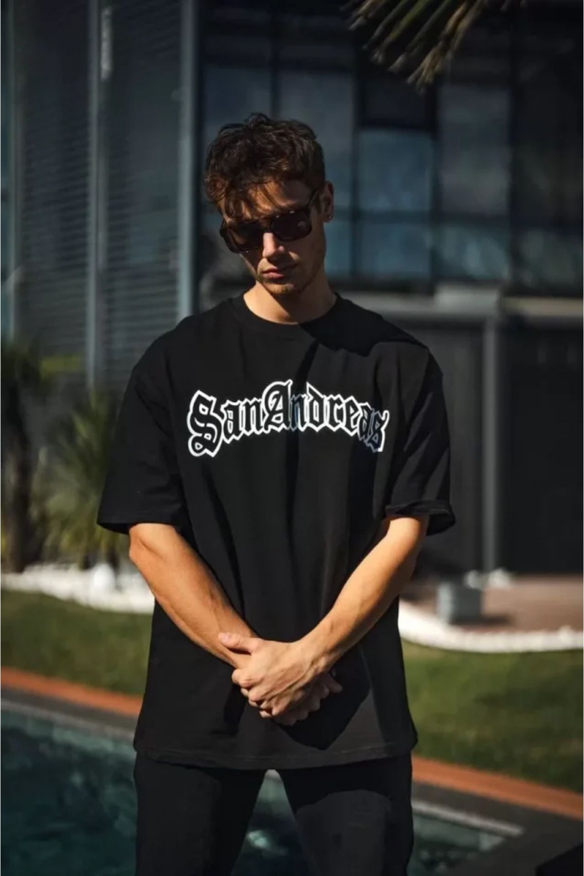 AhEs Shopping Unisex Bisiklet Yaka Baskılı Oversize T-Shirt - Siyah