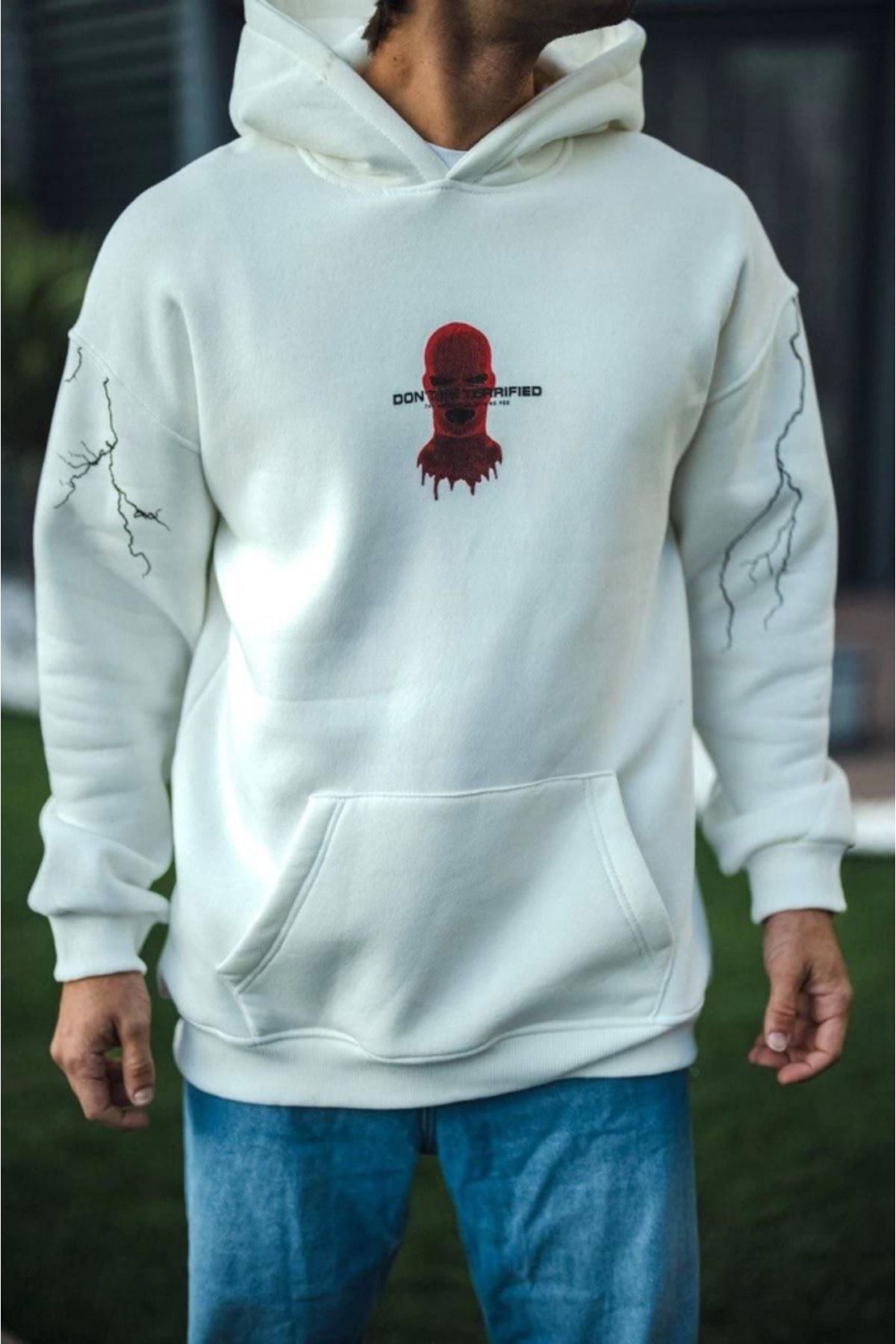 AG SHOPPİNGS Üç İplik Kapşonlu Baskılı Oversize SweatShirt- Beyaz