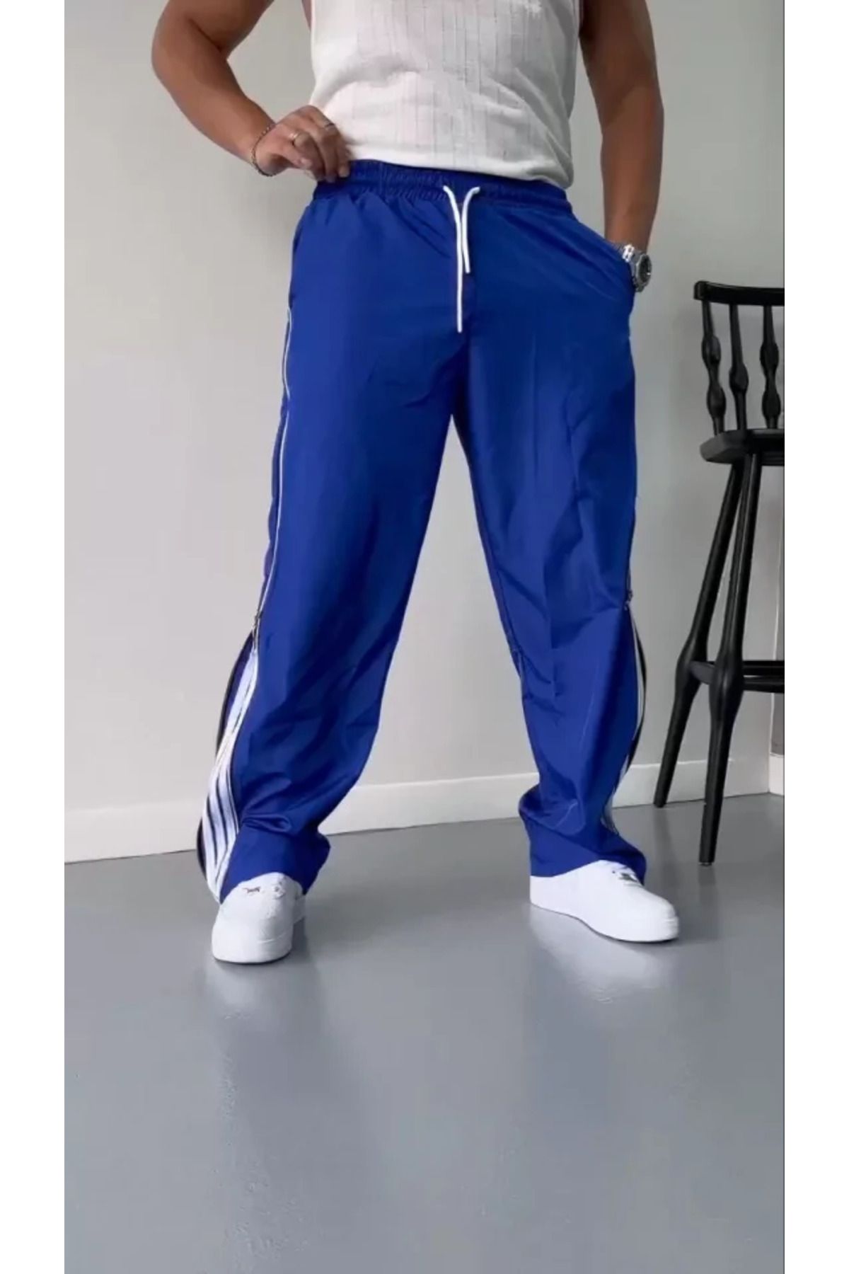 AG SHOPPİNGS Unisex Boru Paça Yandan Fermuarlı Paraşüt Pantolon - Mavi