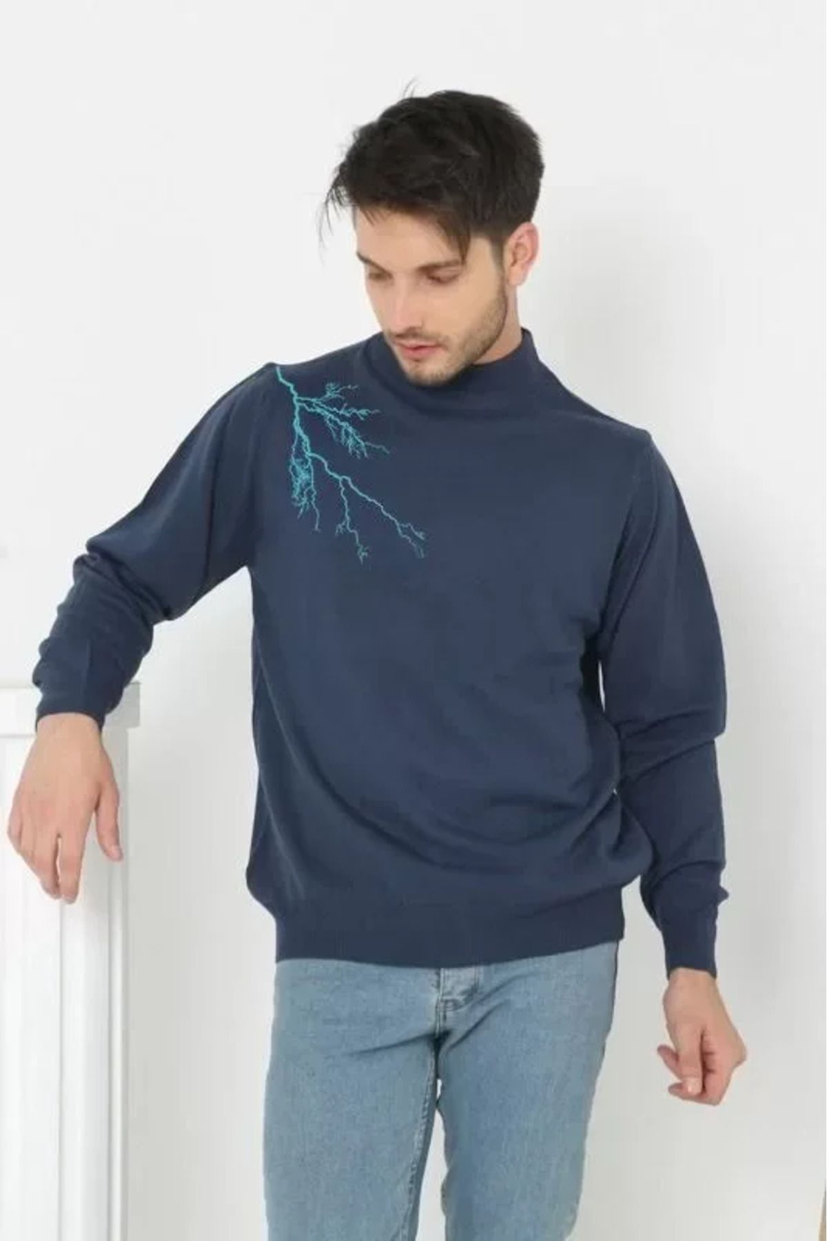 FeGe Store Unisex Yarım Boğazlı Baskılı Dokuma Triko - Indigo