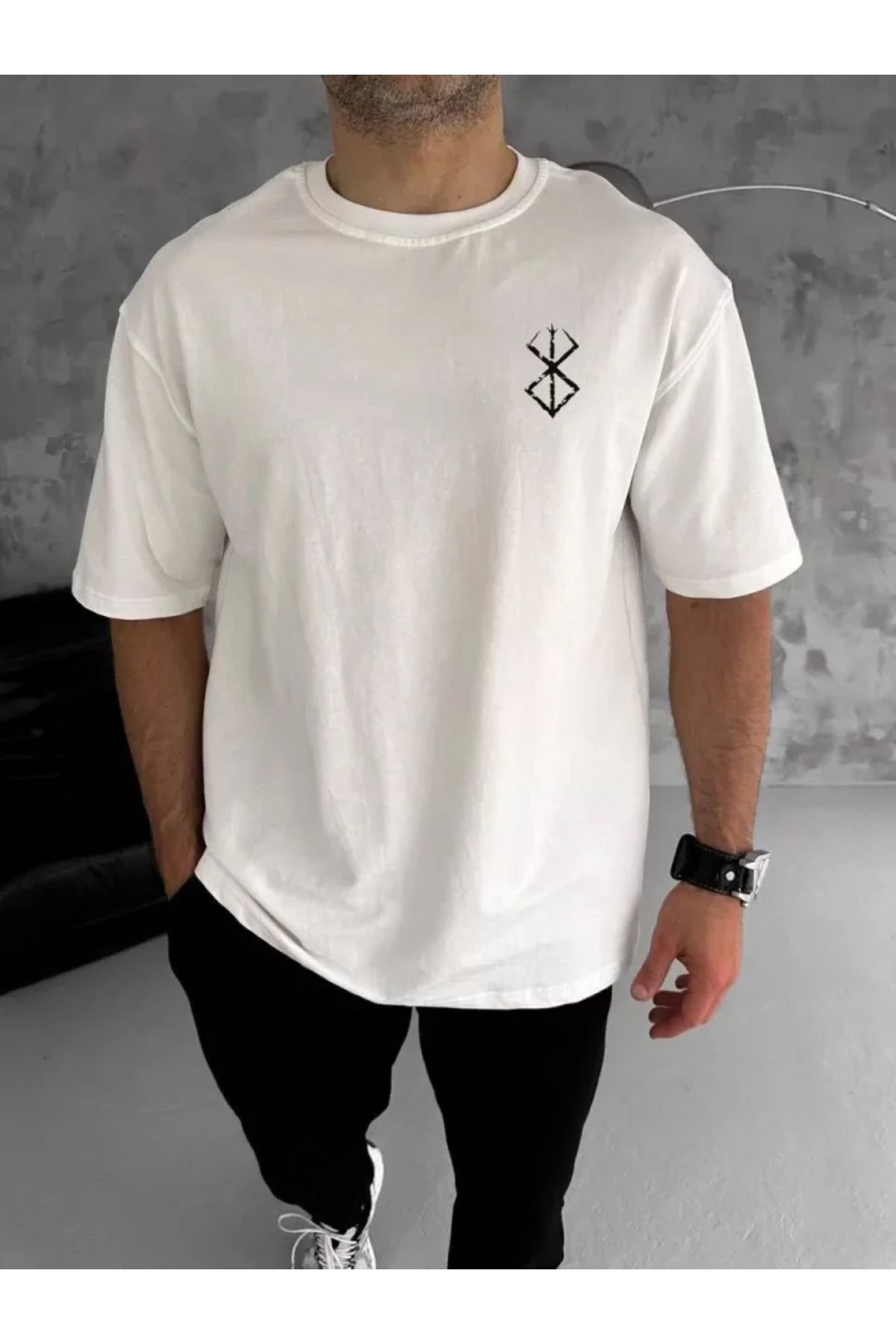 TİANA Unisex Bisiklet Yaka Baskılı Oversize T-Shirt - Beyaz