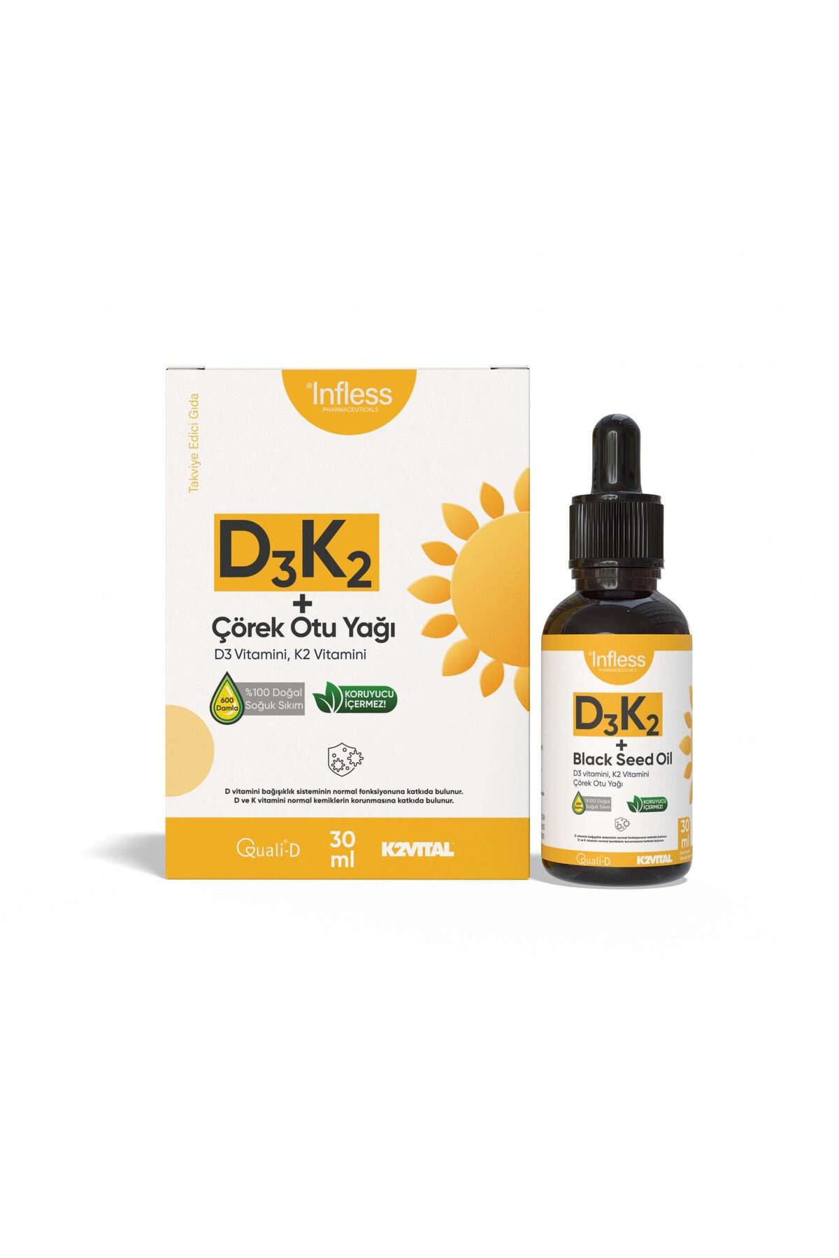 infless Vitamin D3 K2 + Çörek Otu Yağı 30 ML 600 Damla