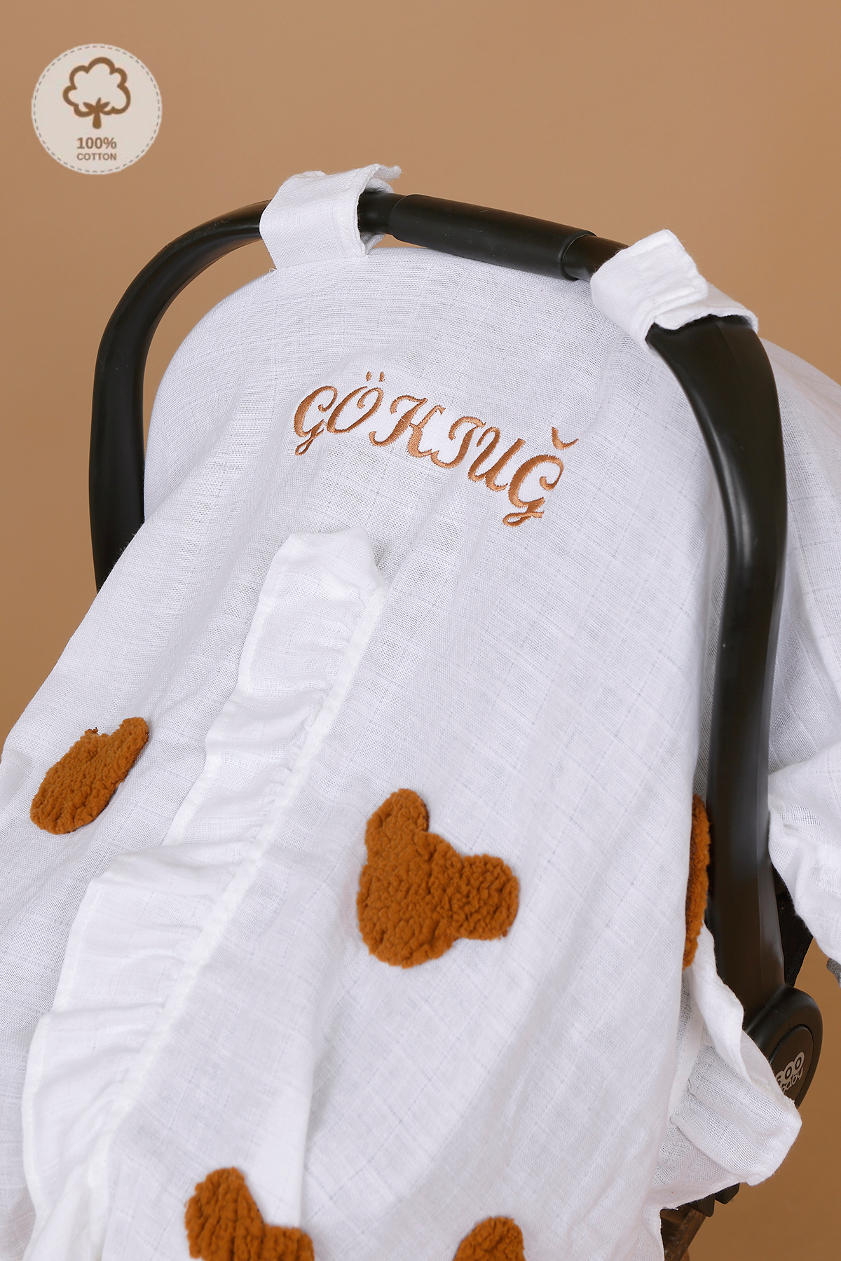 JUNİPERUS Kişiye Özel Nakışlı Fırfırlı Müslin Puset Örtüsü İsime Özel Anakucağı Örtüsü Oeko-Tex Sertifikalı fotoğrafı 5 (önizleme)