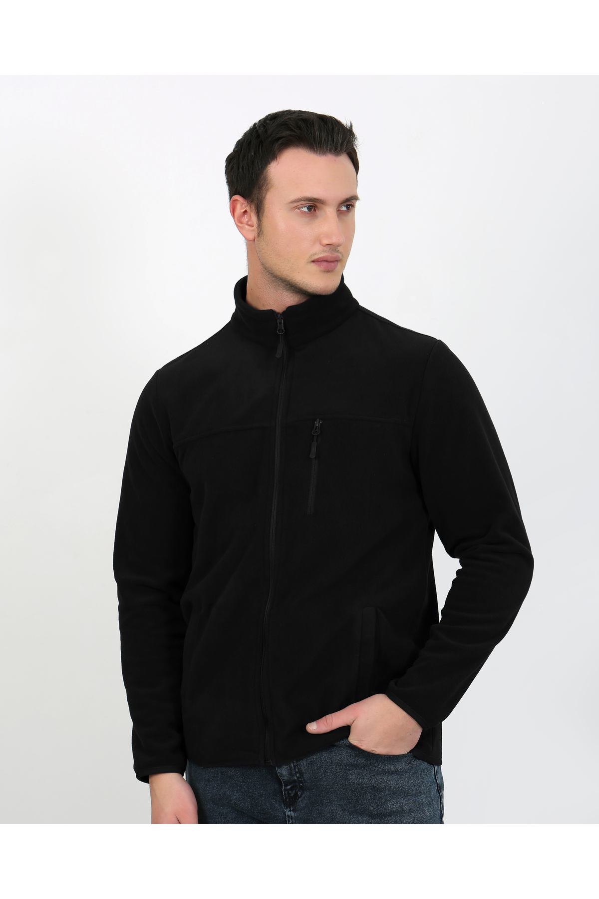 6019 Regular Fit Soft Textured Winter Micro Fleece Cardigan — مشکی — تصویر 3 از 6