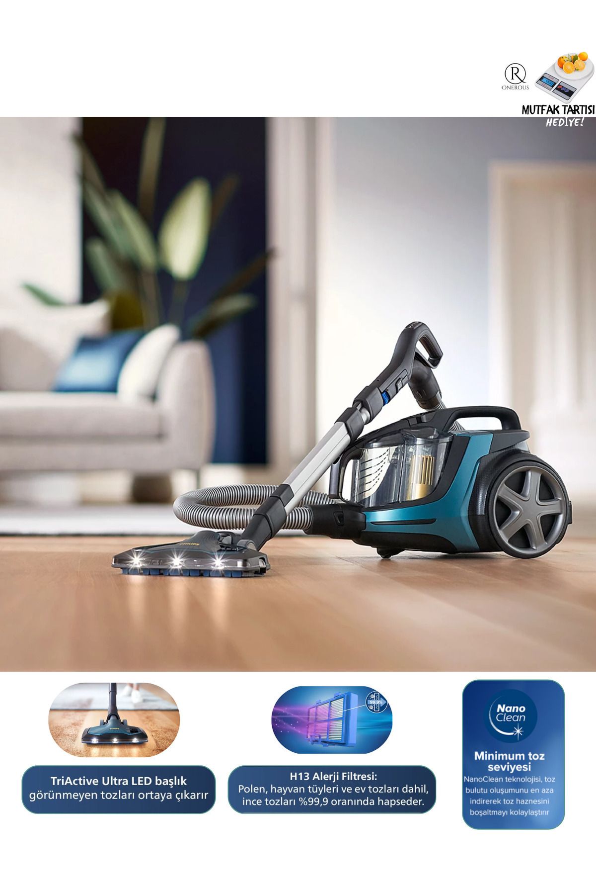 Philips Powercyclone 10 Teknolojili Premium Torbasız Süpürge, Triactive Ultra Led Başlıklı, Hepa Filtre