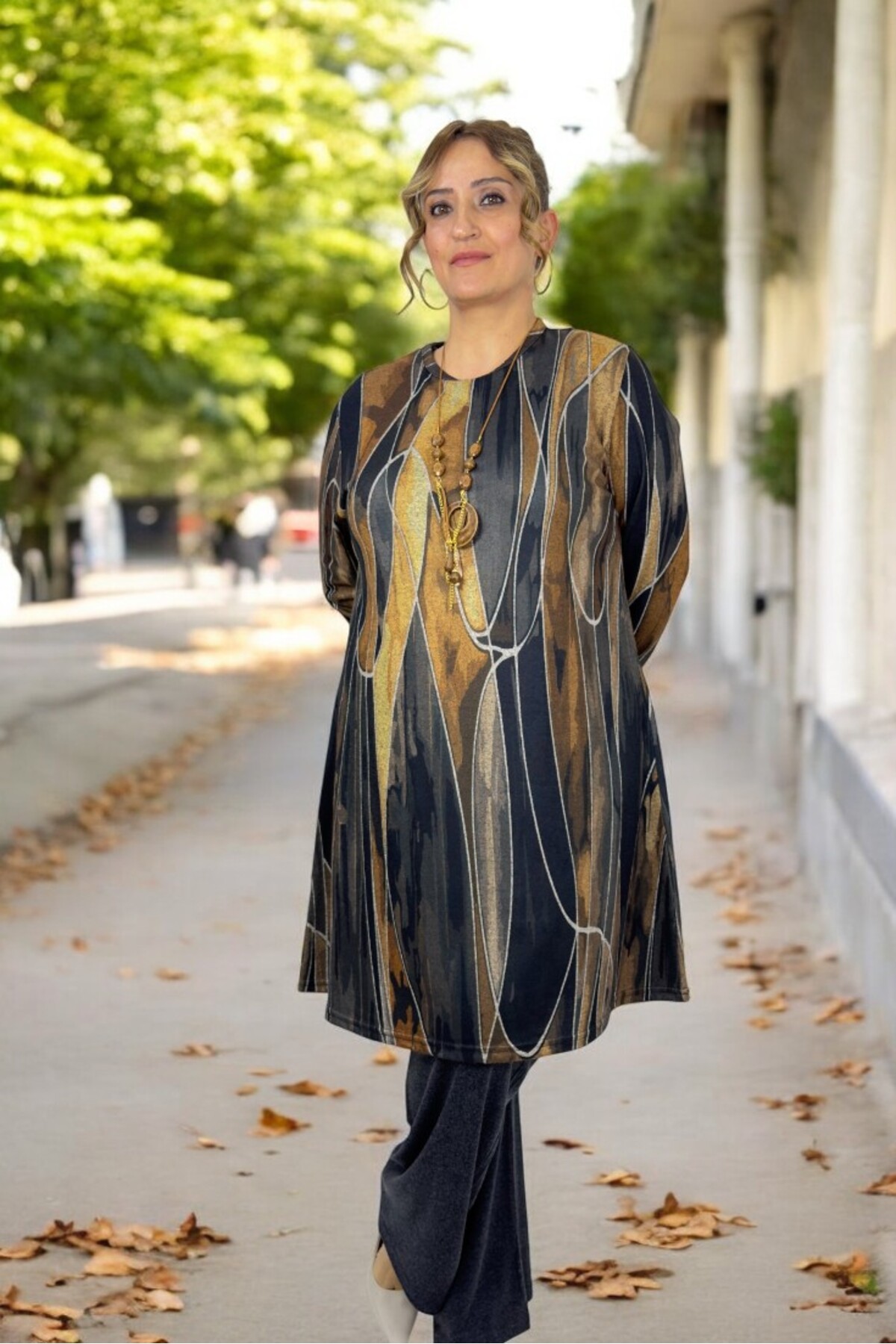 CREW NECK SOFT VISCOSE FABRIC TUNIC ELASTIC WAIST VISCOSE PANTS PLUS SIZE BOTTOM TOP SET