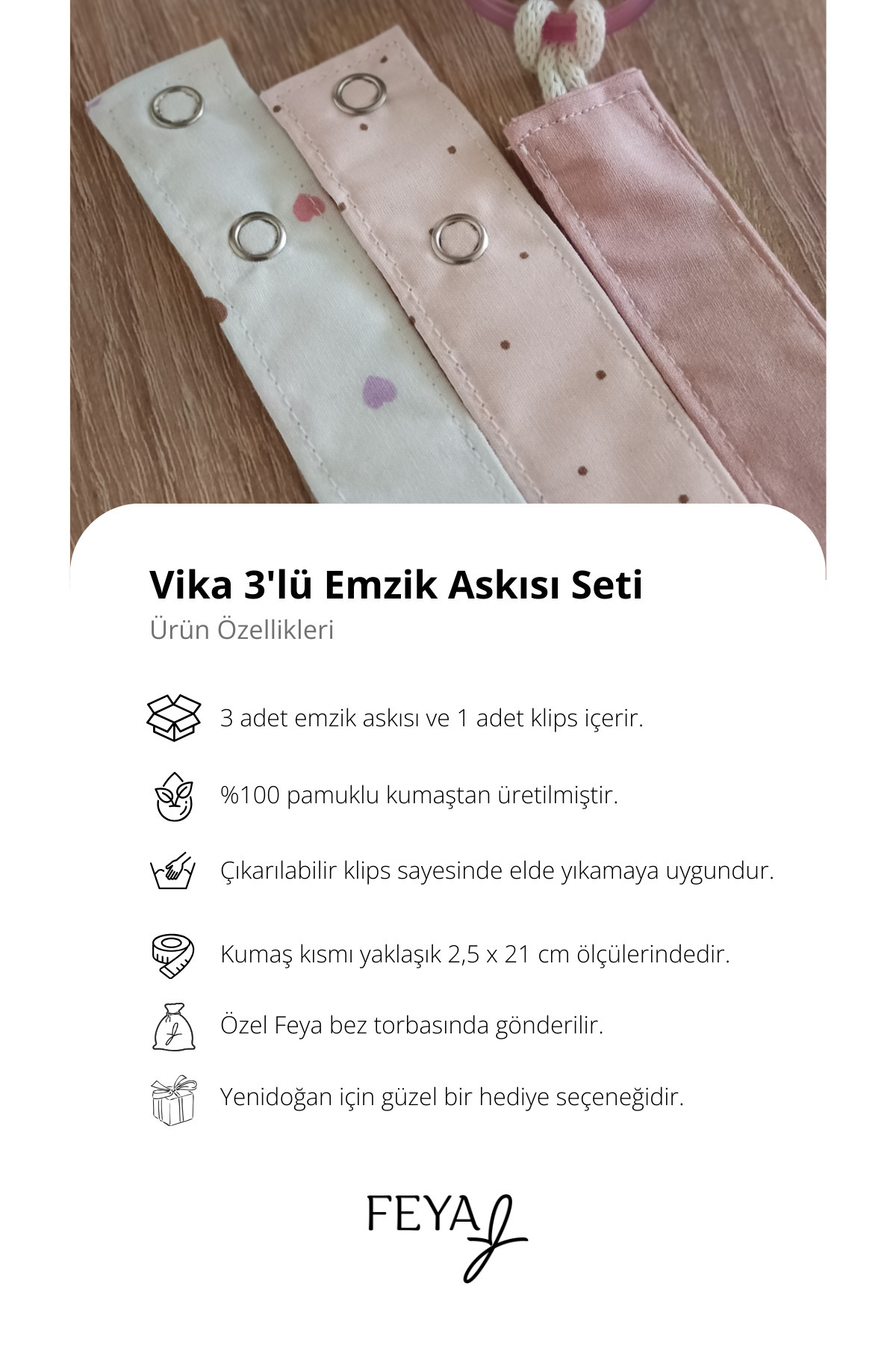Feya Vika 3'lü Kalp&nokta Desenli & Düz Pamuklu Yıkanabilir Emzik Askısı / Zinciri - Beyaz, Pudra Pembe fotoğrafı 2 (önizleme)