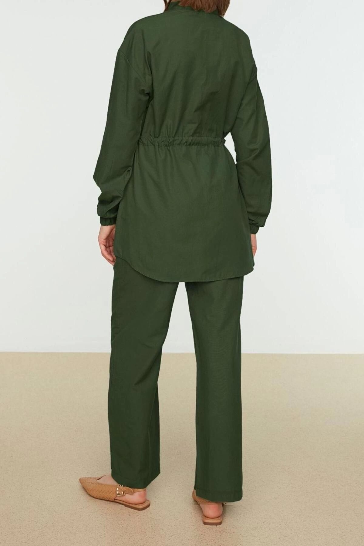 FRM-Women's Fashion Stylish Pipe Leg Regular Length Long Sleeve Stand Collar Belted Shirt-Pants Woven Suit 5