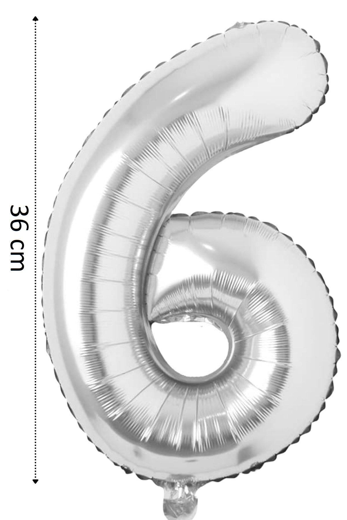 Ezgi Party Store Folyo Balon 6 Rakamı Helyum Balon 36 Cm Gümüş Renk - Doğum Günü Parti Seti Malzemeleri -6 Yaş Balonu