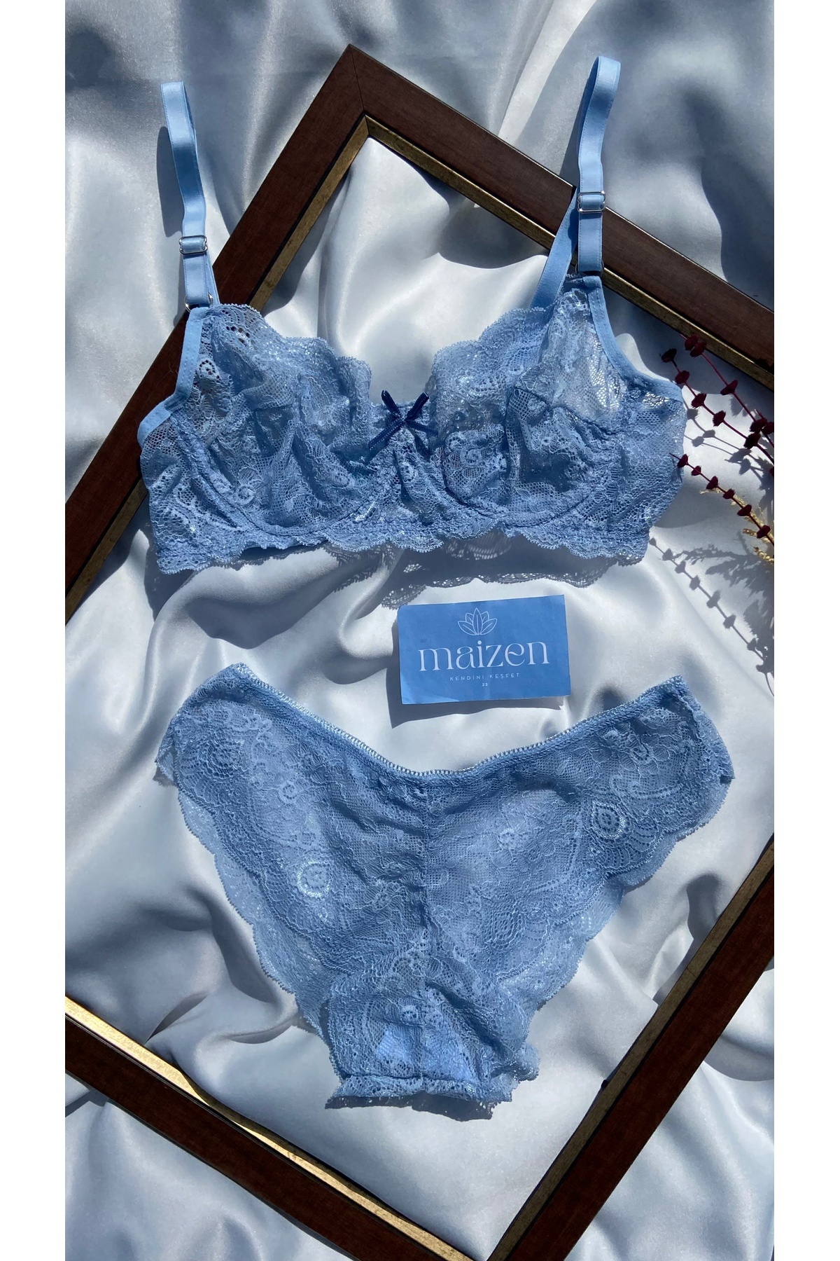 MAİZEN  Kadın Dolgusuz Toparlayıcı 2'li Yeşil Mavi Dantelli Sütyen Takım - Görsel 2