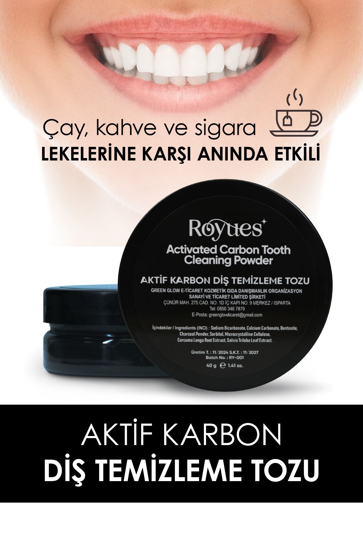 Royues Diş Beyazlatma Tozu - Siyah Aktif Karbon Diş Tozu - Activated Teeth Whitening Powder - 100ml