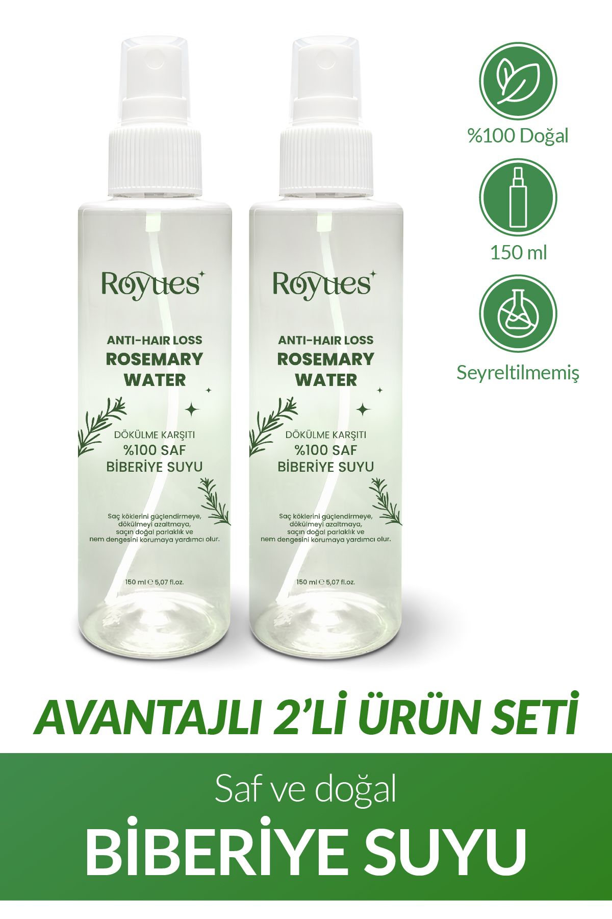 Royues Biberiye Suyu 2'li Dökülme Karşıtı Ve Saç Uzatma Etkili Saç Toniği 150ml 150ml