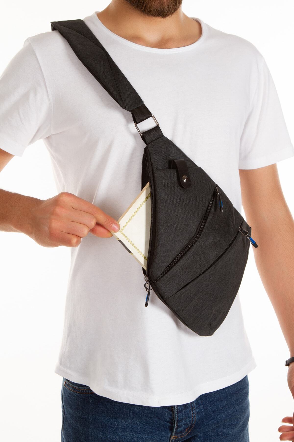 NEWISH POLO ACCESSORIES Unisex Siyah Keten Çapraz Askılı Heybe Çanta Telefon Bölmeli Günlük Seyahat Çanta Bodybag Slim Çanta görsel 3