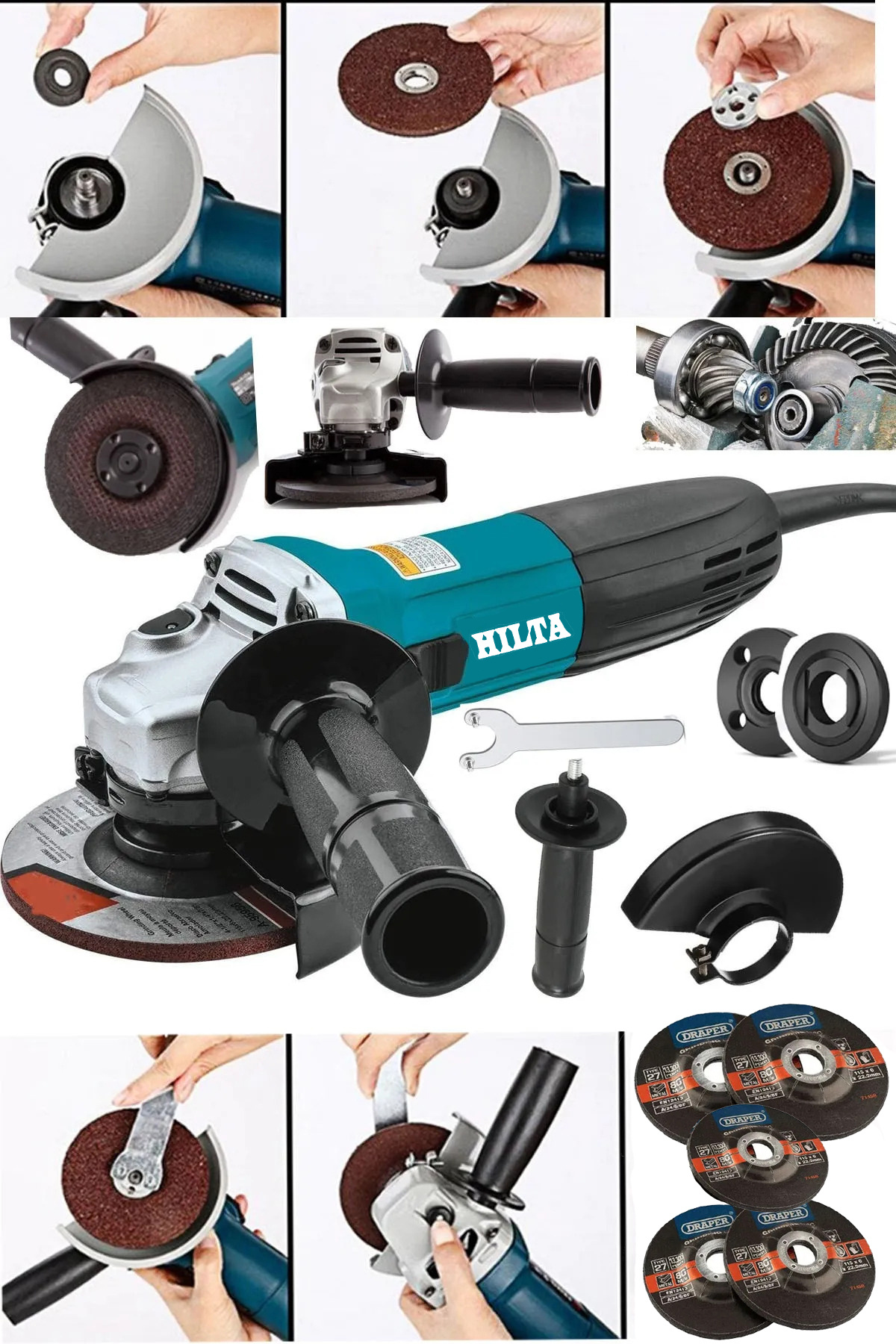 Hilta Power Alman H-tech 8500w Çift Çelik Şanzuman Çelik Dişli Demir Metal Kesme Taşlama Makinesi 125mm