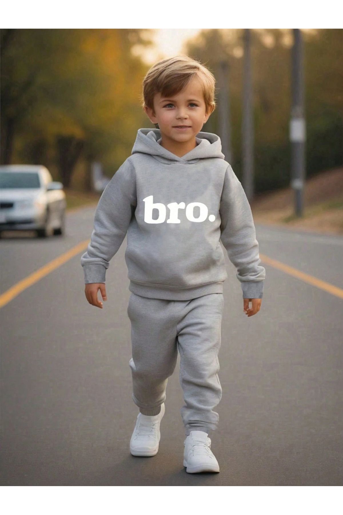 DUBU BUTİK-Bro. Printed Cotton Kids Hoodie Set - Gray Jogger Printed Girls Boys 1