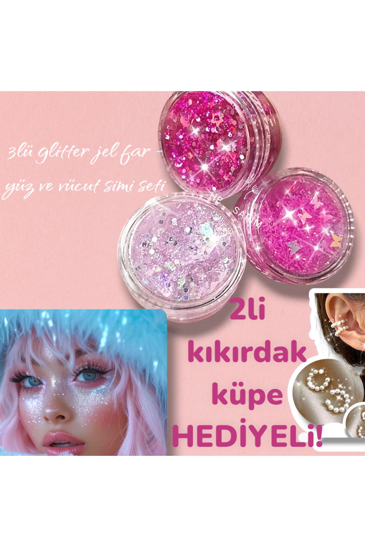 hbtasarim Barbie tonları 3 lu glitter jel set& göz farı -yüz saç ve vücut simi