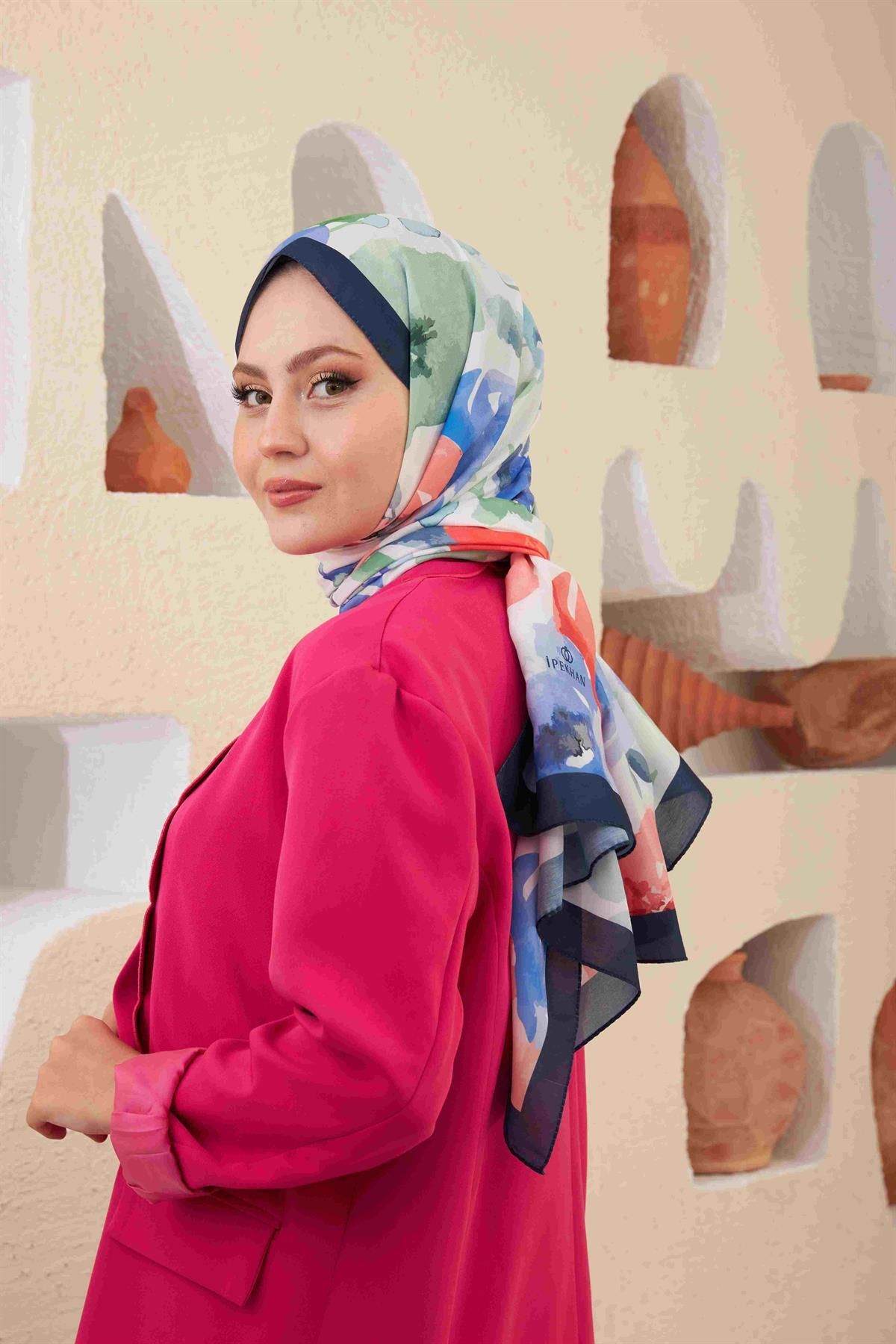 İpekhan-Night Blue Comfort Flowers Shawl - 3027-13 2