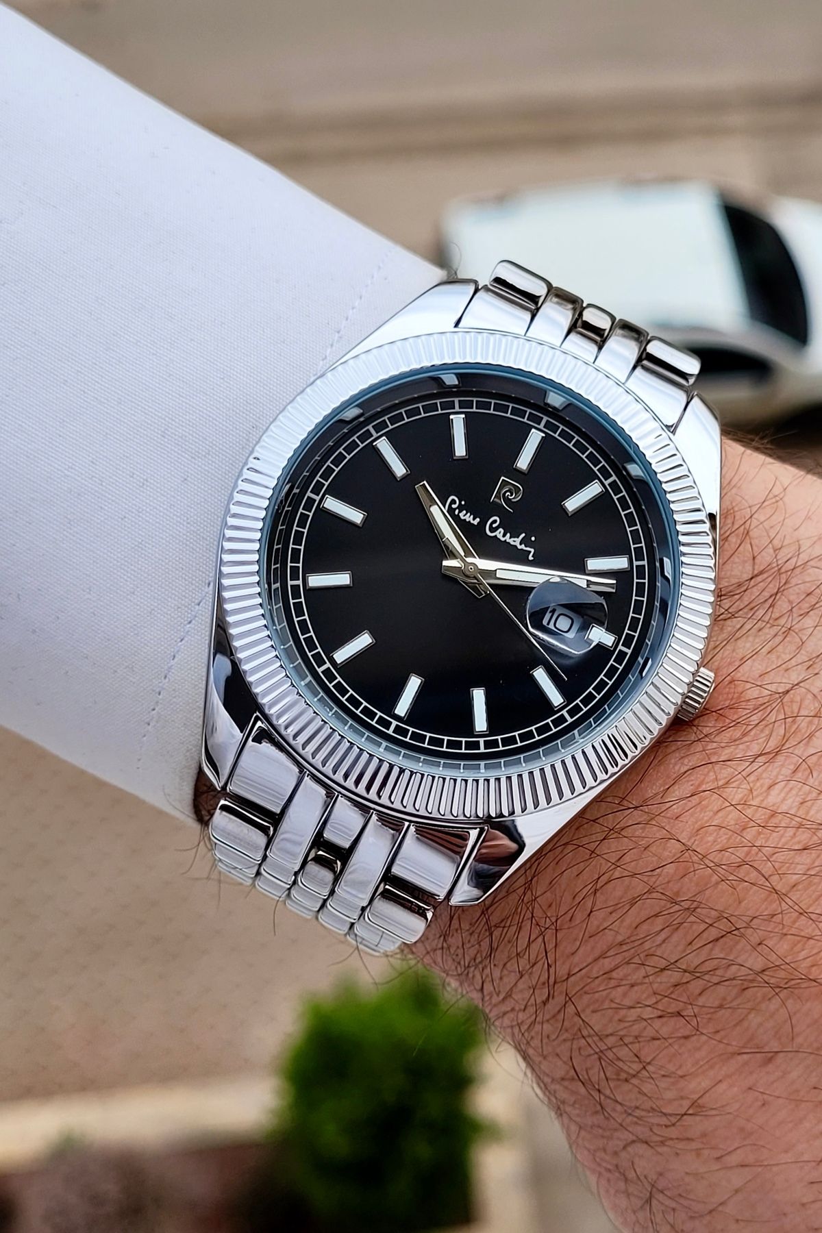 ساعت مردانه 44 میلی متری با صفحه مشکی و بند نقره ای رنگ با 24 ماه گارانتی Pierre Cardin
