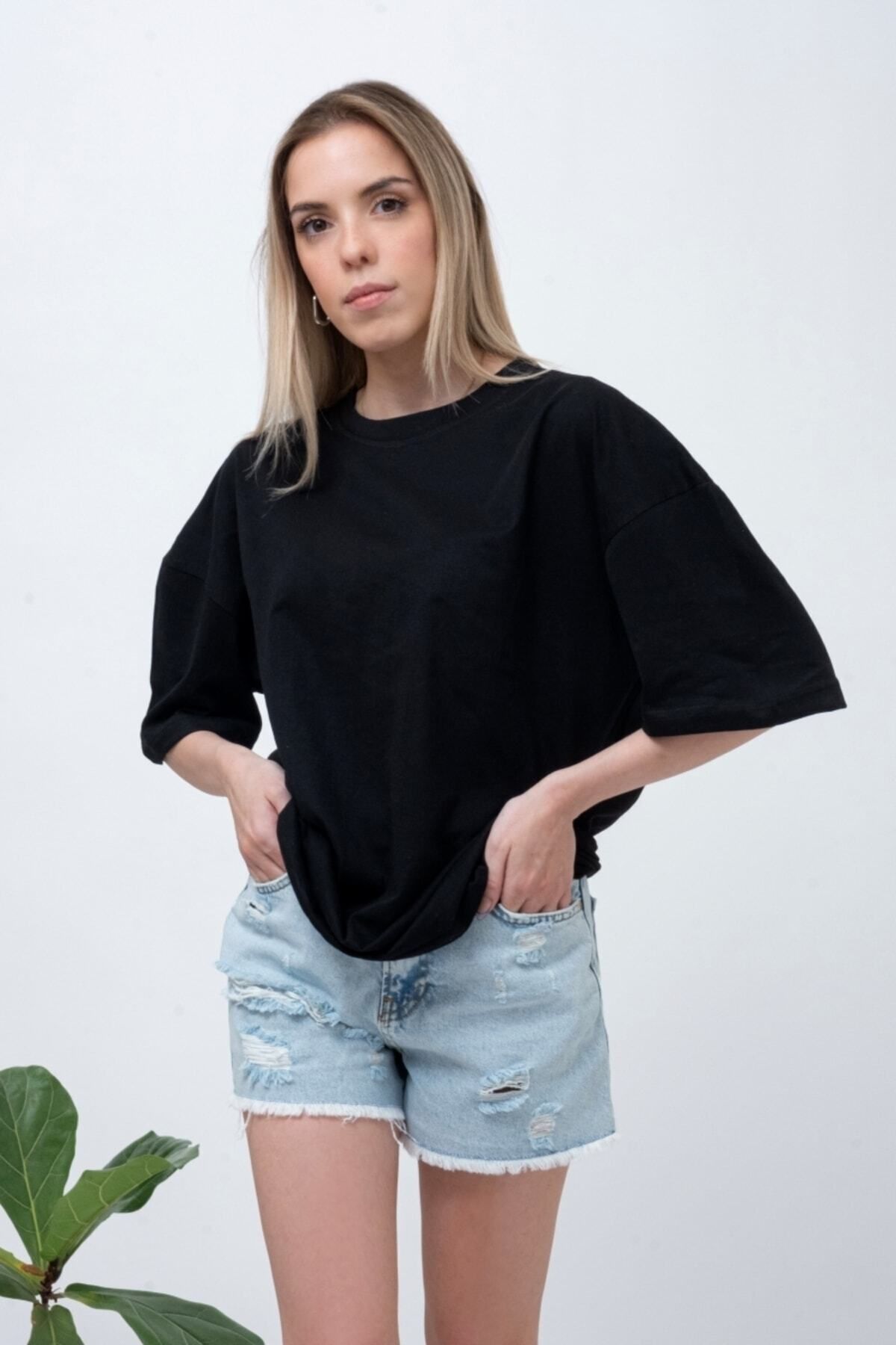 Pisa Art Düz Baskısız Oversize Tshirt Siyah