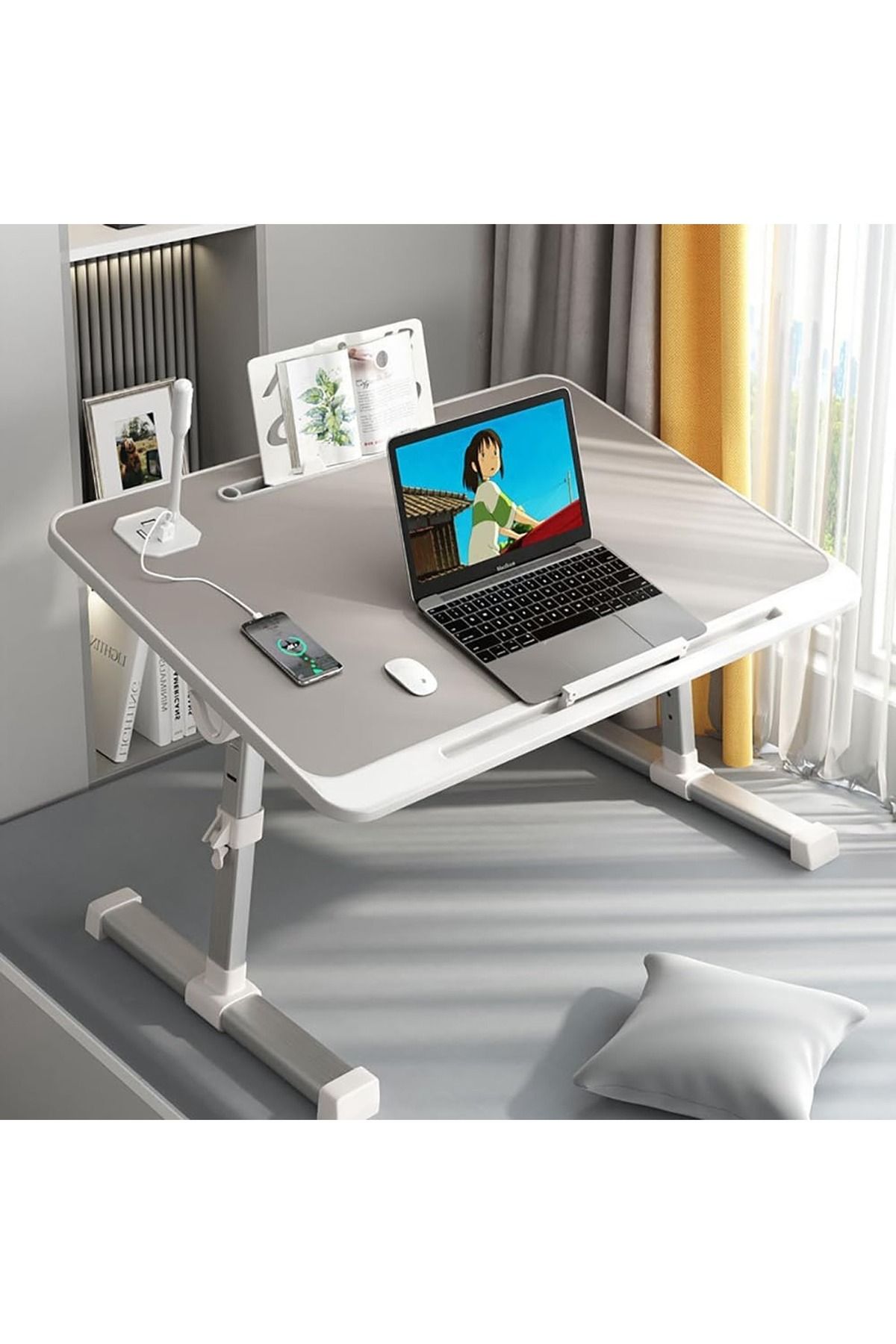 Taimi-طاولة، مع حاجز قابل للإزالة، 40 × 60 × 27-40 سم، شحن USB، مصباح حماية العين، درج، رف كتب 4