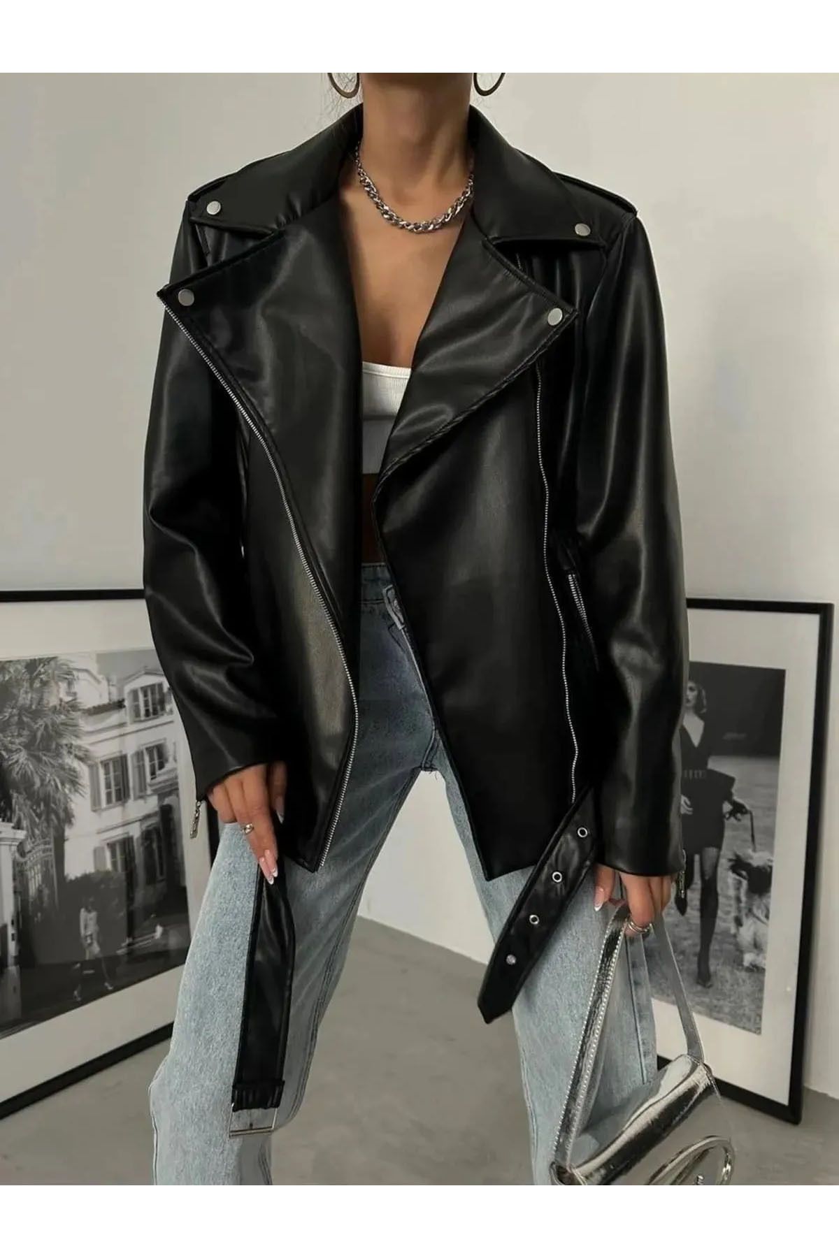 MEECY Damska Skórzana Kurtka Oversize Typu Biker Kobieta - L