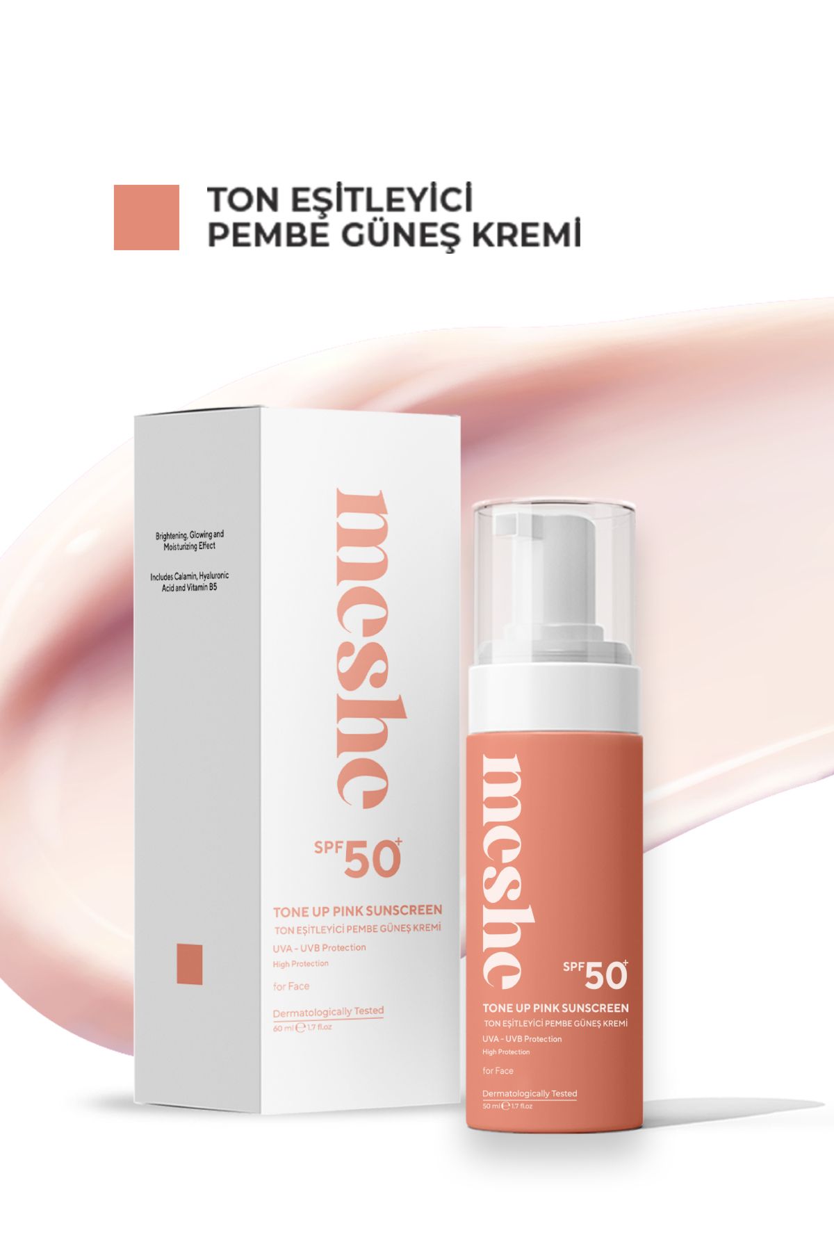 Meshe Leke Karşıtı Ton Eşitleyen Spf 50 Pembe Renkli Güneş Kremi Glutatyon, Hyaluronik Asit Etkili 60 ml