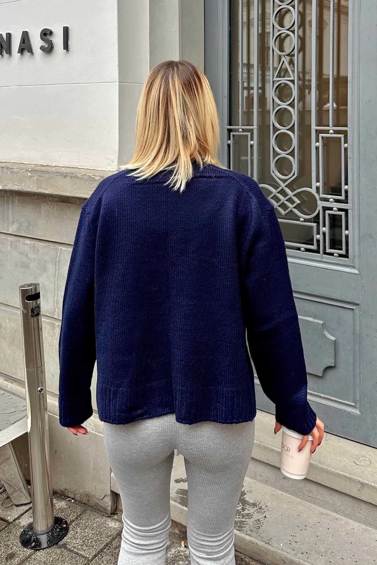 Swist-Navy Blue Side Slit Basic Half Fisherman Raglan Sleeve Women's Knitwear Sweater 5