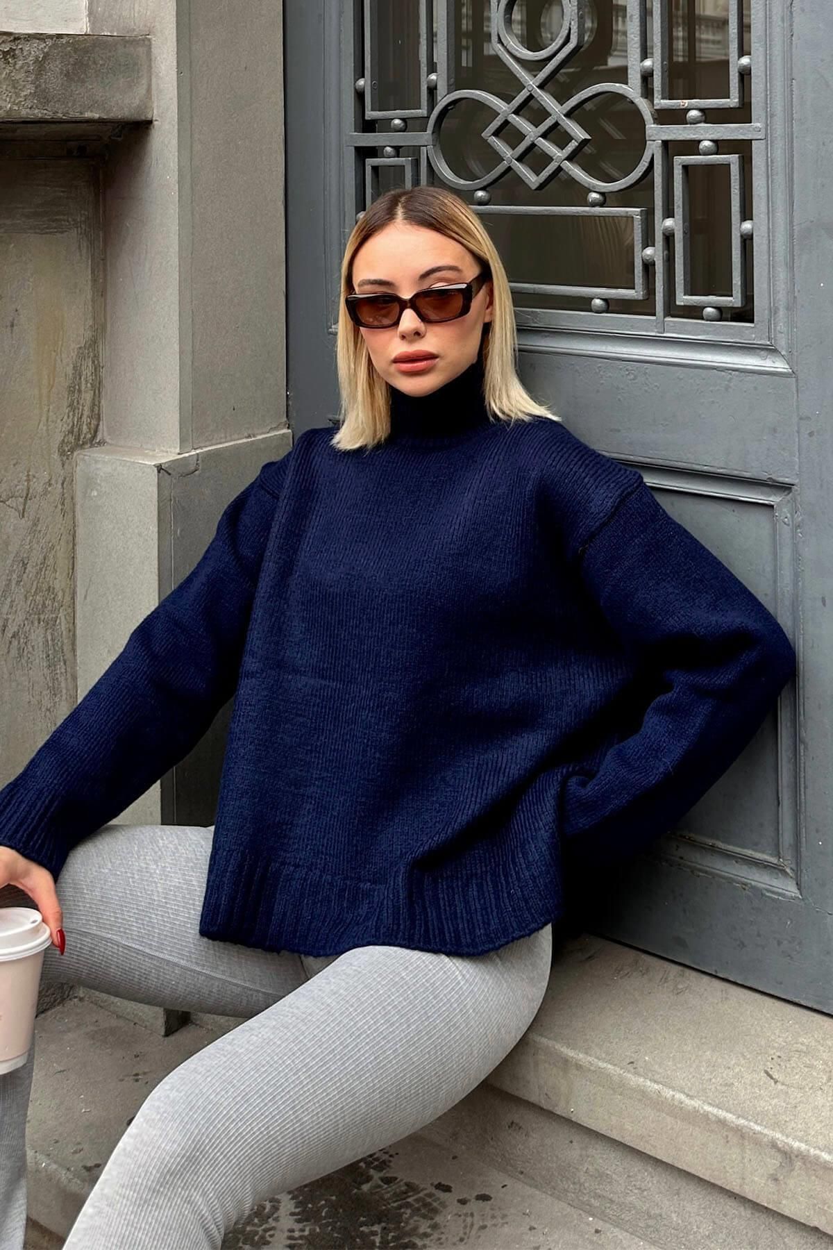 Swist-Navy Blue Side Slit Basic Half Fisherman Raglan Sleeve Women's Knitwear Sweater 2