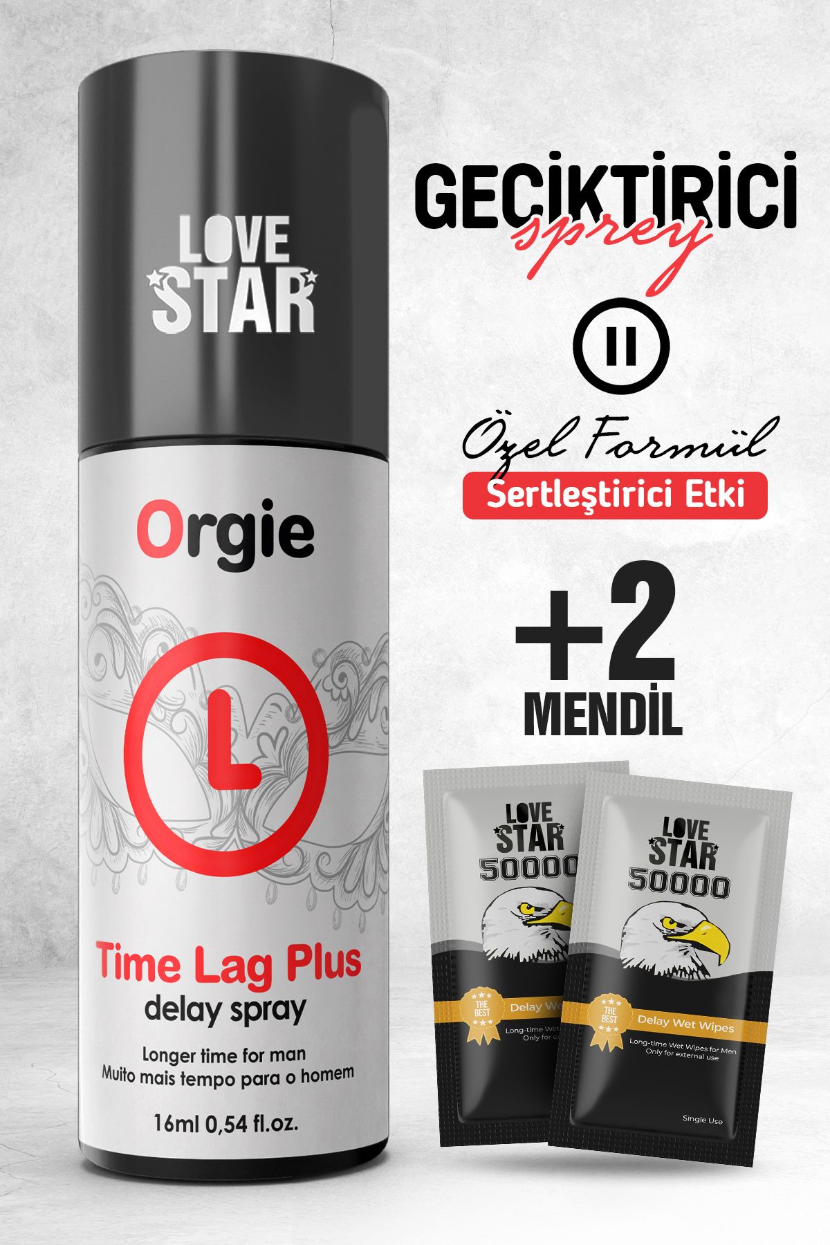 Love Star Pluss Geciktiricili Sprey Avrupa'dan İthal ve 2 Adet Tek Kullanımlık Mendil Geciktiricili Set