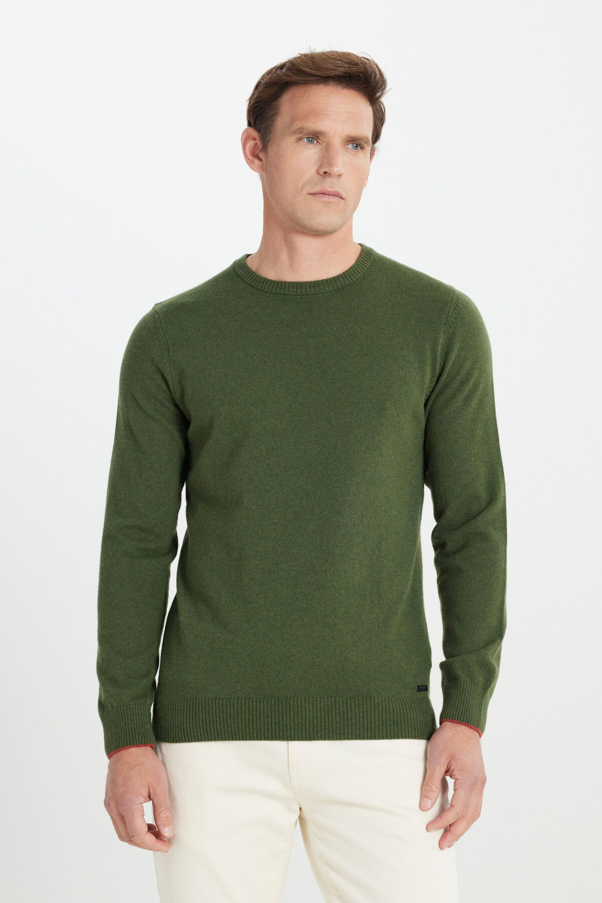 Erkek Haki Sıcak Tutan Yün Standart Fit Normal Kesim Bisiklet Yaka Triko Kazak