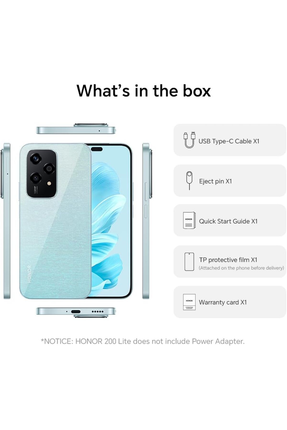 HONOR-200 Lite, 5G Dual SIM, RAM 8GB ,ROM 256GB,108MP Triple Rear Camera, Cyan Lake - Int Version 6