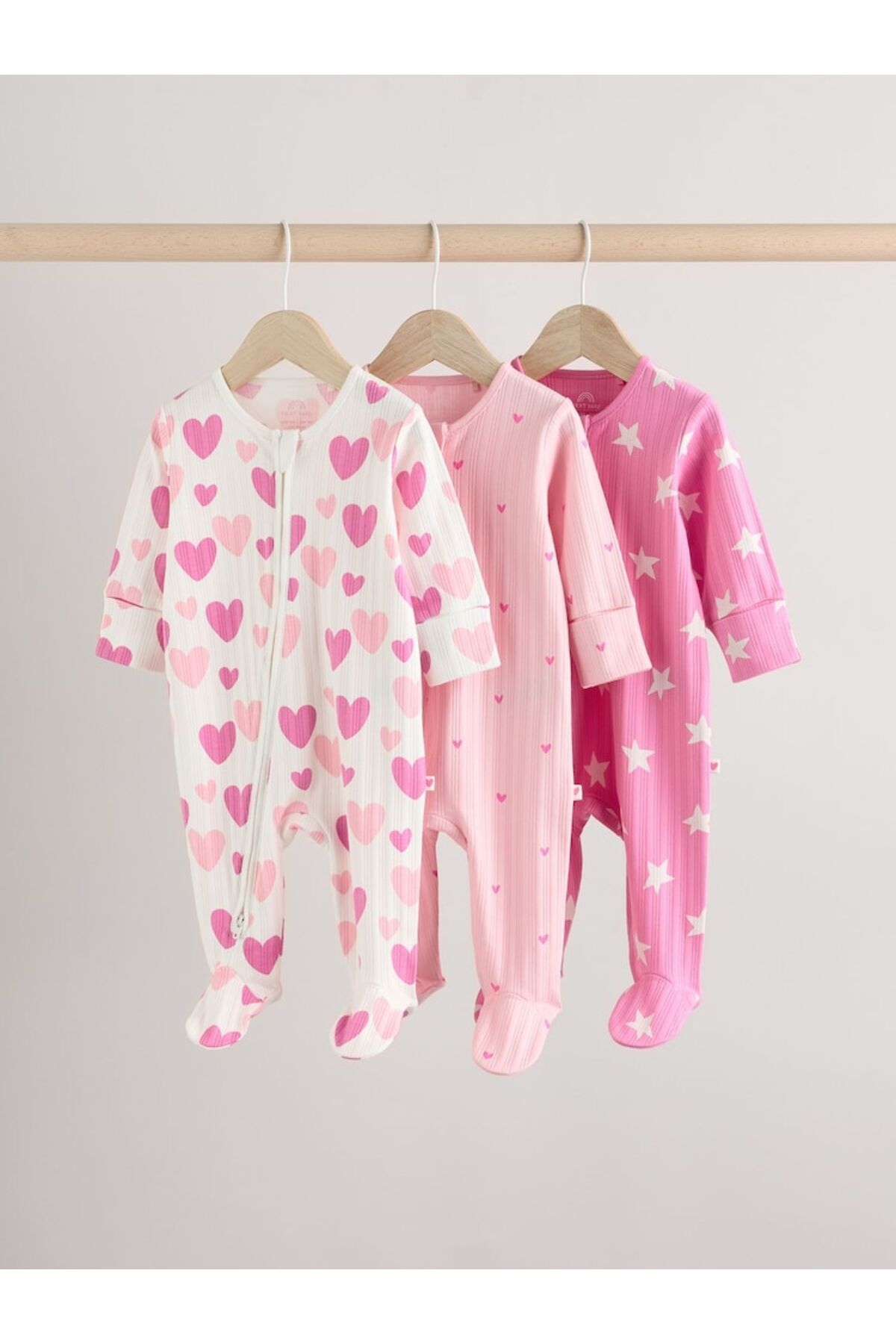 Next Baby 100% Cotton Pink Heart Patterned 3-Piece Sleepsuit Set