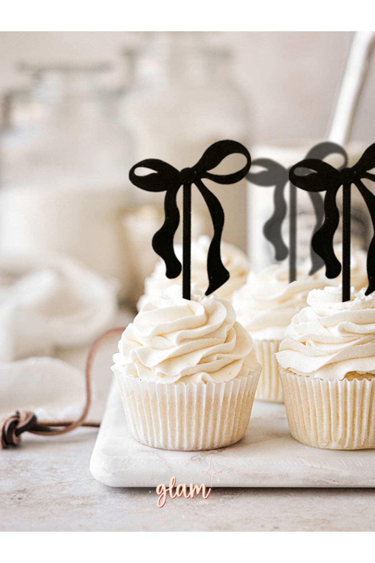 GLAM DEKORASYON Siyah Kurdele 6'lı Pinterest Tarzı Yeniden Kullanılabilir Cupcake Kek ve Tatlı Süsleri Pasta Kürdanı