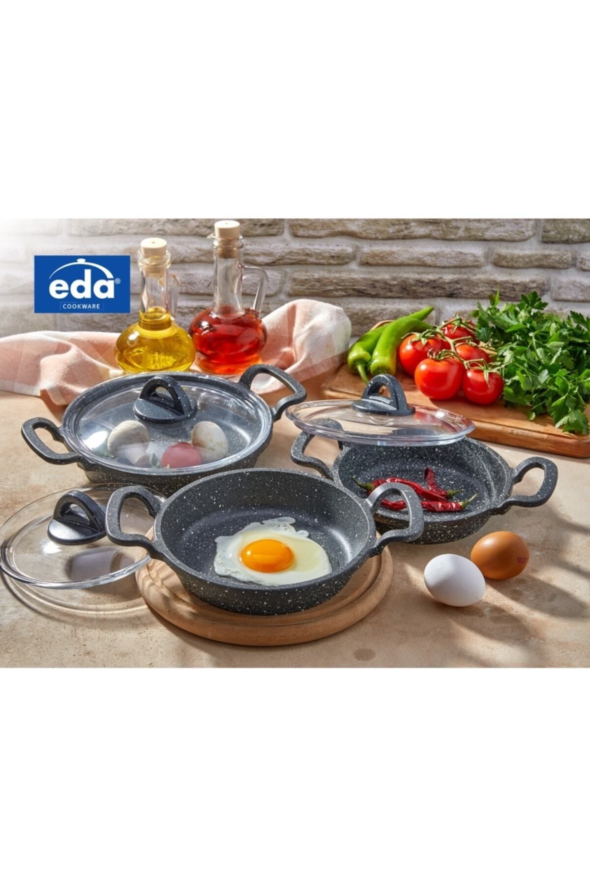 Eda CookWare Asya 3 Lü Sahan Seti Cam Kapaklı Döküm Gri Yuvarlak 16-18-20 cm Zk-901