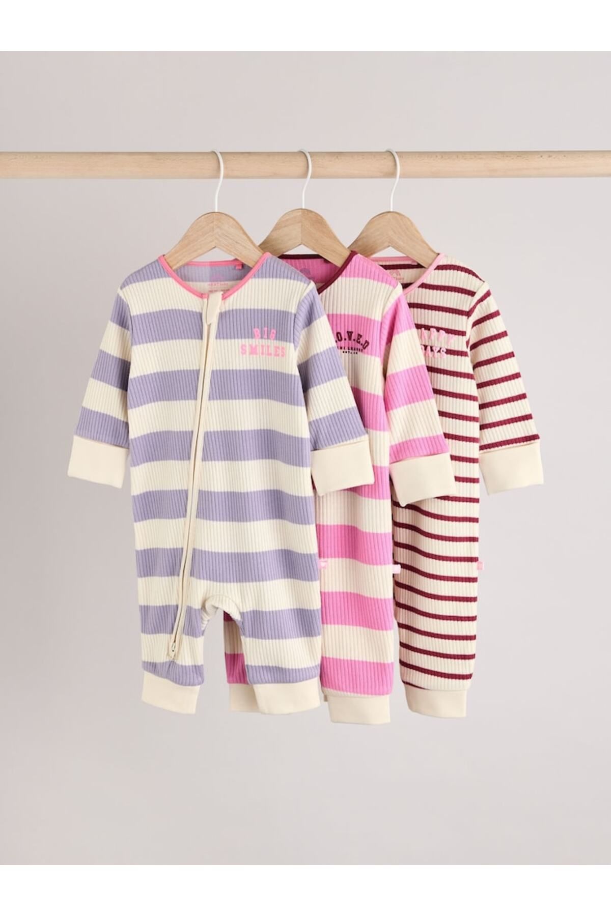 Next Baby 100% Cotton Pink Purple Striped Patterned 3-Piece Sleepsuit Set