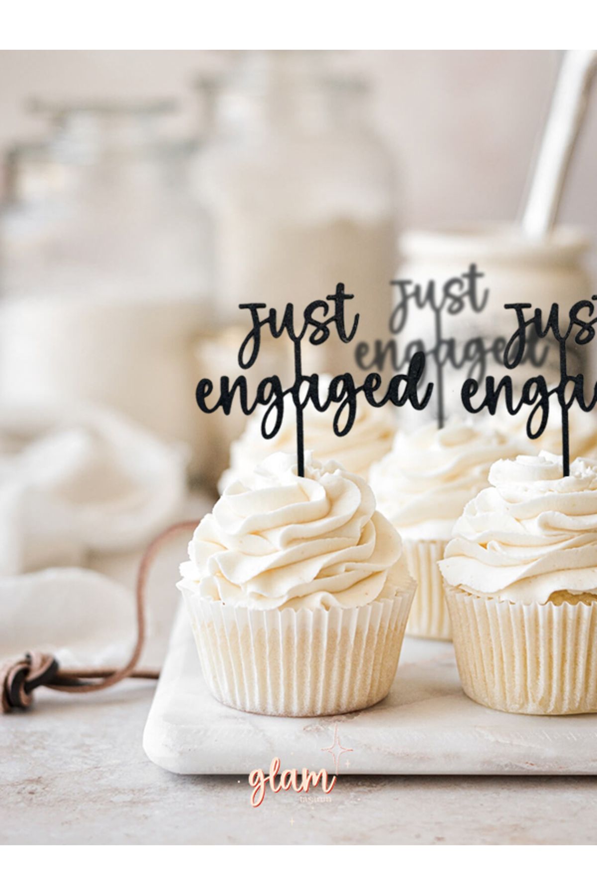 GLAM DEKORASYON Siyah Just Engaged 6'lı Pinterest Tarzı Söz Nişan Cupcake Kek ve Tatlı Süsleri Pasta Kürdanı