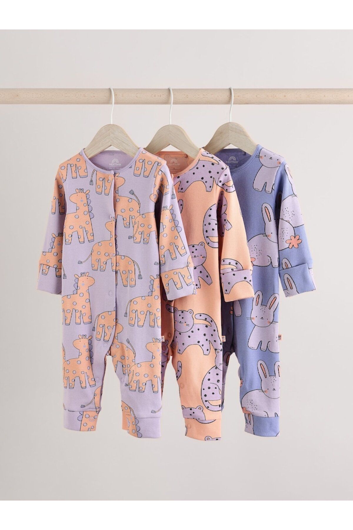 Next Baby 100% Cotton Lilac Purple Animal Patterned 3-Piece Sleepsuit Set